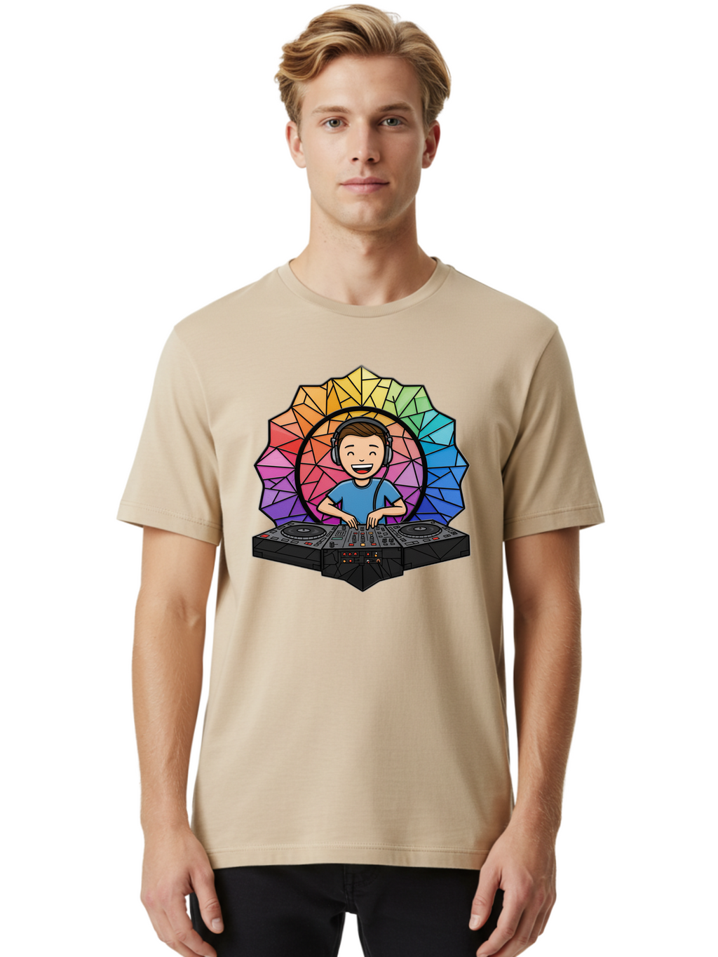 Dj Men'S Graphic Tee, 100% Cotton, Comfortable Casual Summer Wear, Machine Washable, Cartoon Dj, Boy Mixing Music, Dj Controller, Headphone-Wearing Dj, Colorful Geometric Shape, Happy Entertainer, Music Production, Modern Art Bad051