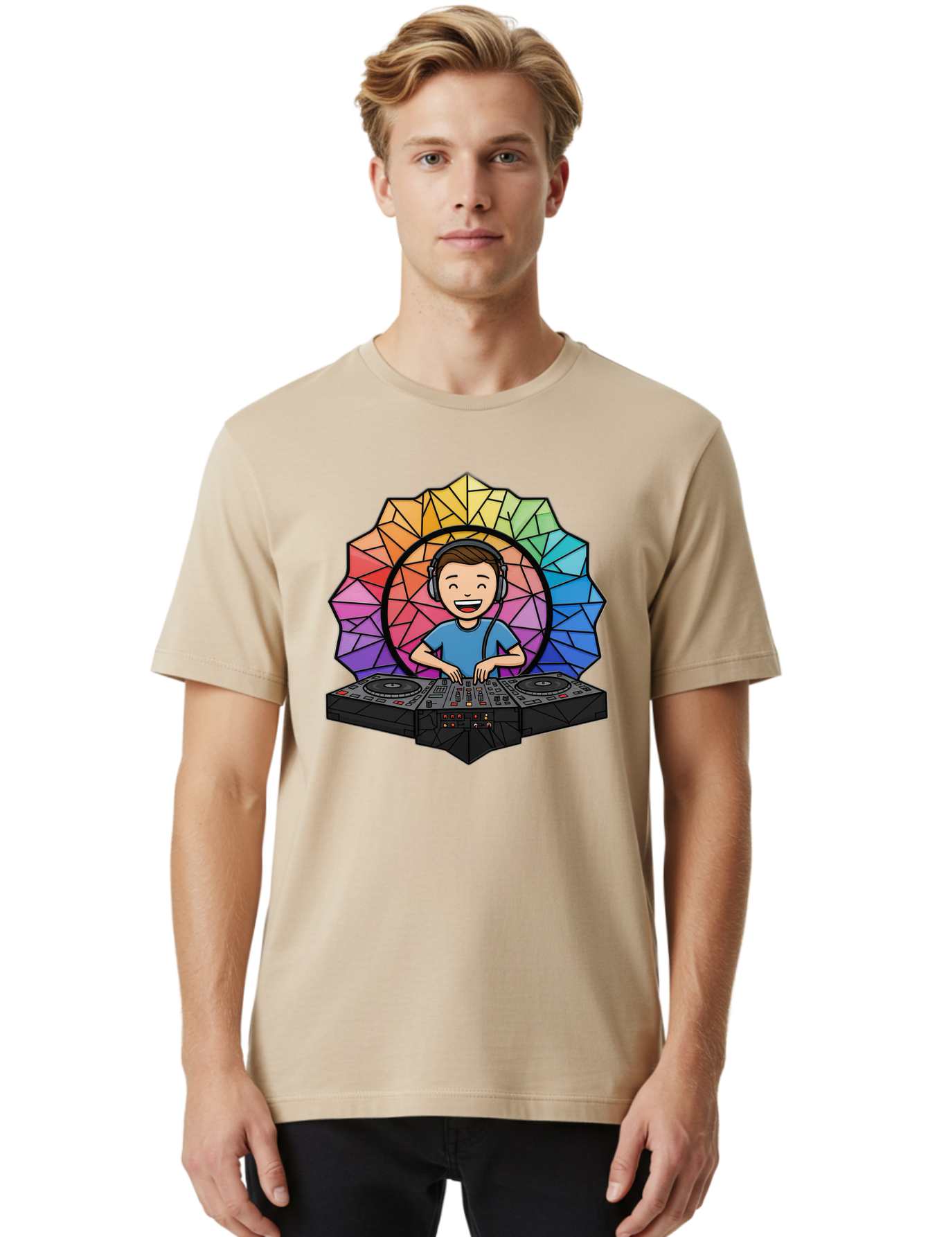 Dj Men'S Graphic Tee, 100% Cotton, Comfortable Casual Summer Wear, Machine Washable, Cartoon Dj, Boy Mixing Music, Dj Controller, Headphone-Wearing Dj, Colorful Geometric Shape, Happy Entertainer, Music Production, Modern Art Bad051