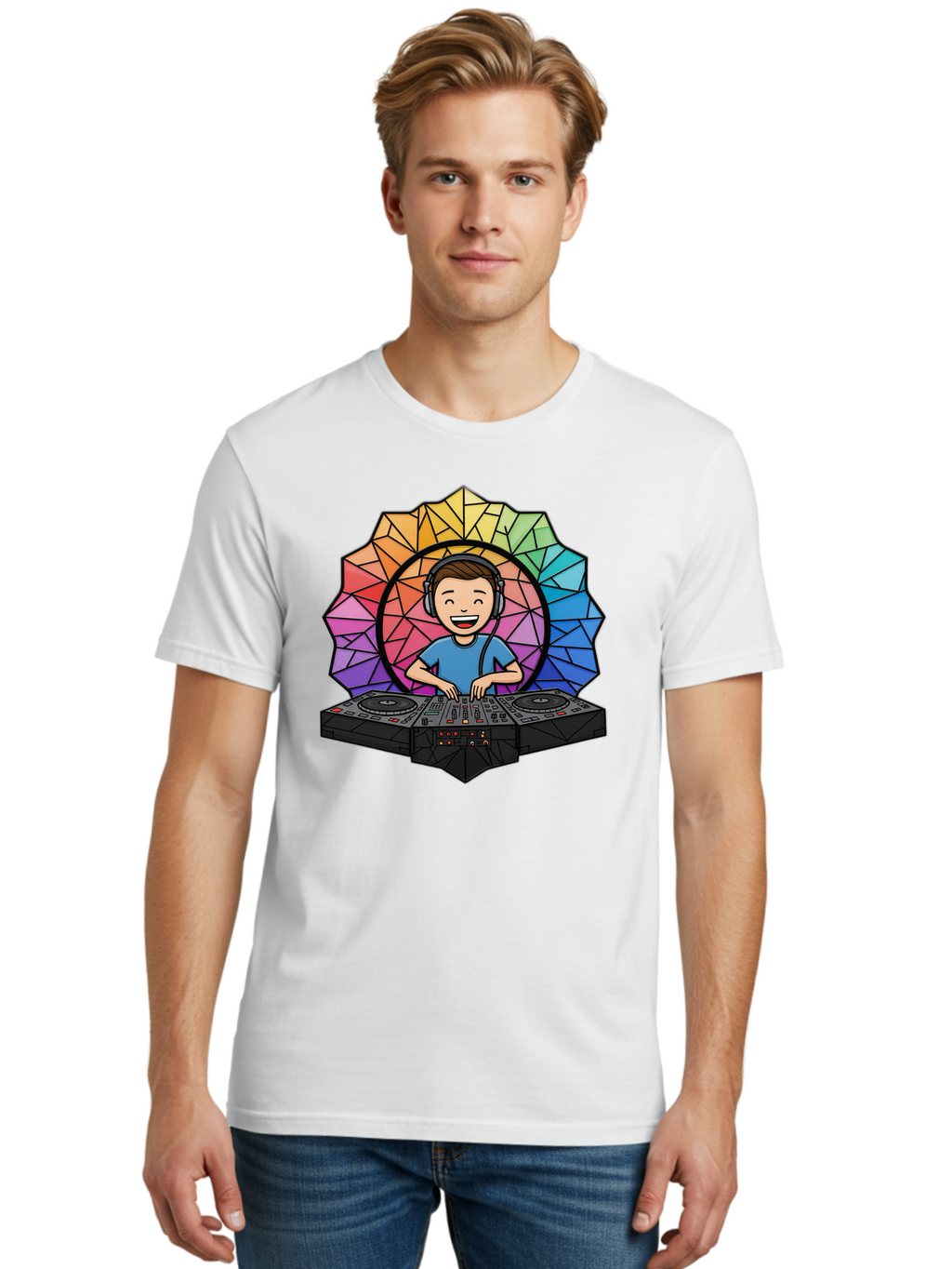 Dj Men'S Graphic Tee, 100% Cotton, Comfortable Casual Summer Wear, Machine Washable, Cartoon Dj, Boy Mixing Music, Dj Controller, Headphone-Wearing Dj, Colorful Geometric Shape, Happy Entertainer, Music Production, Modern Art Bad051