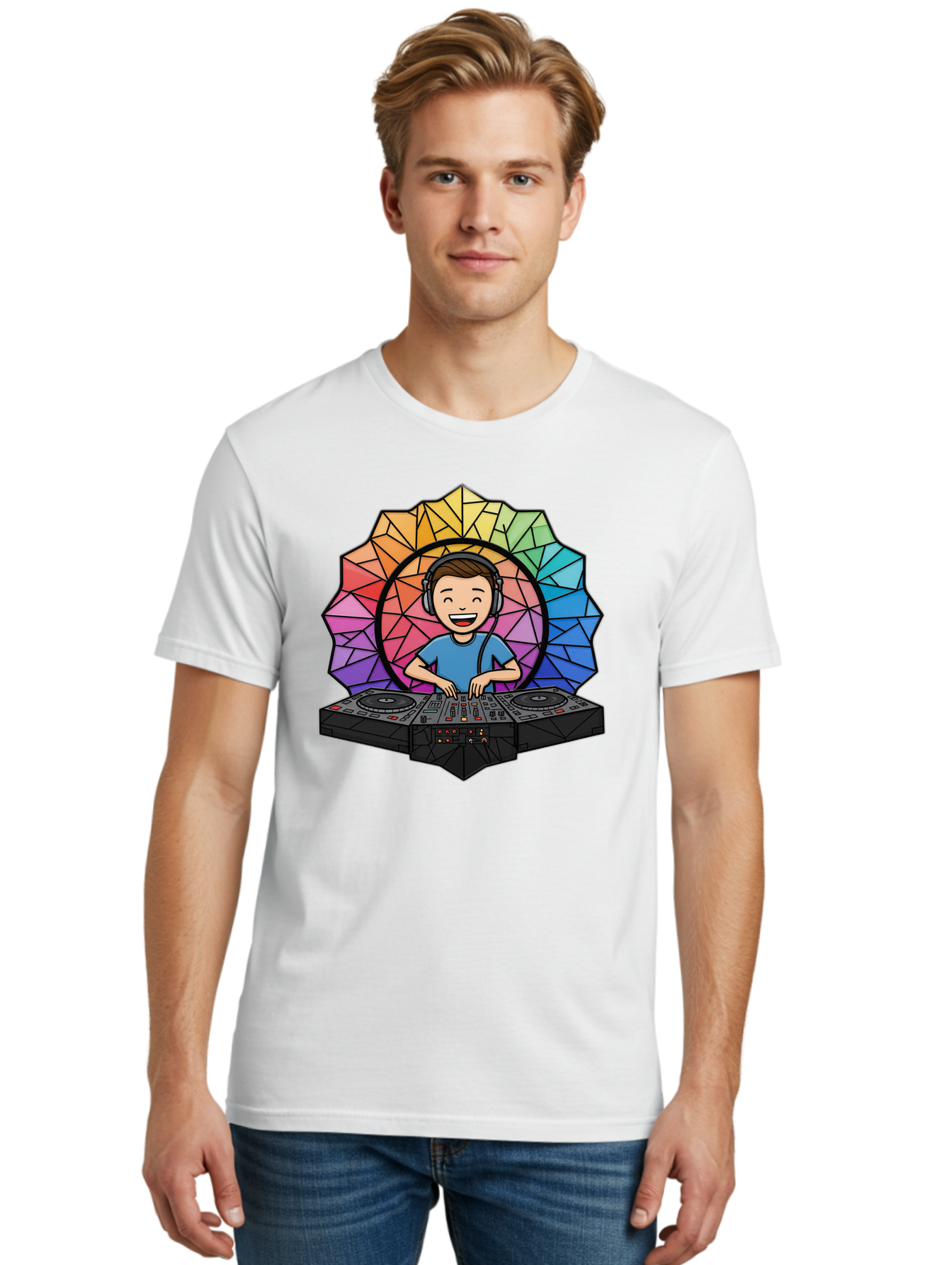 Dj Men'S Graphic Tee, 100% Cotton, Comfortable Casual Summer Wear, Machine Washable, Cartoon Dj, Boy Mixing Music, Dj Controller, Headphone-Wearing Dj, Colorful Geometric Shape, Happy Entertainer, Music Production, Modern Art Bad051
