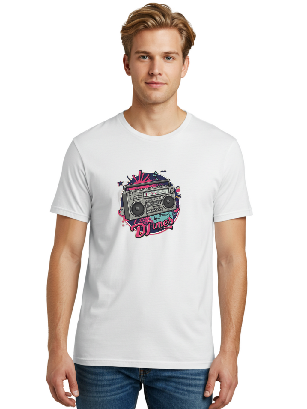 Djumer-Boombox Men'S Graphic Tee, 100% Cotton, Comfortable Casual Summer Wear, Machine Washable, Retro Boombox, Vinyl Records, Dj Equipment, Neon Lights, Graffiti Art, Street Culture, Music Beats, Cassette Player, Nostalgic Vibe Bad052
