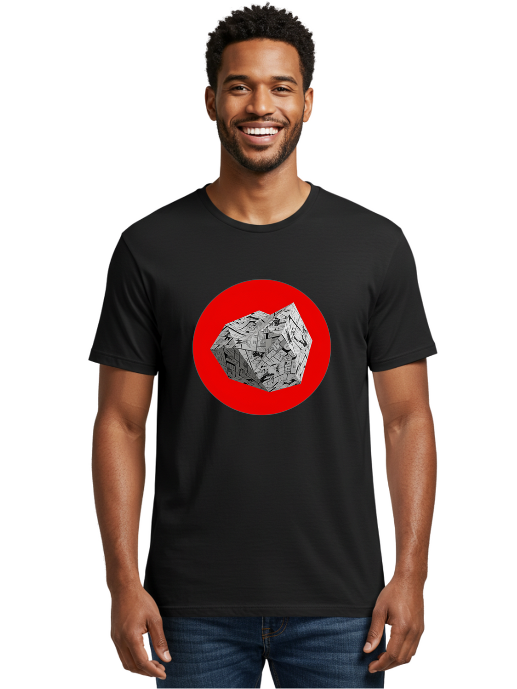 Dodecahedron Men'S Graphic Tee, 100% Cotton, Comfortable Casual Summer Wear, Machine Washable, Geometric Shape, Dodecahedron, 3D Object, Newspaper Clippings, Abstract Art, Modern Design, Unique Texture, Folded Paper, Layered Effect, Bad054