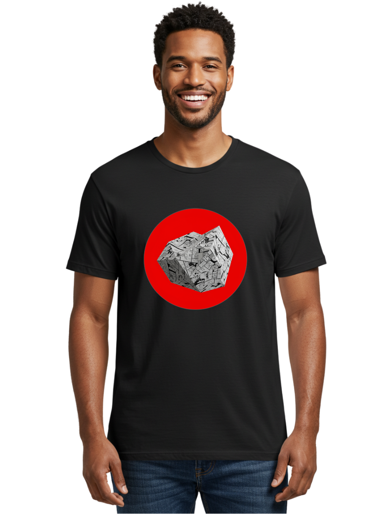 Dodecahedron Men'S Graphic Tee, 100% Cotton, Comfortable Casual Summer Wear, Machine Washable, Geometric Shape, Dodecahedron, 3D Object, Newspaper Clippings, Abstract Art, Modern Design, Unique Texture, Folded Paper, Layered Effect, Bad054