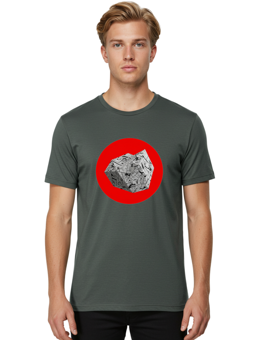 Dodecahedron Men'S Graphic Tee, 100% Cotton, Comfortable Casual Summer Wear, Machine Washable, Geometric Shape, Dodecahedron, 3D Object, Newspaper Clippings, Abstract Art, Modern Design, Unique Texture, Folded Paper, Layered Effect, Bad054