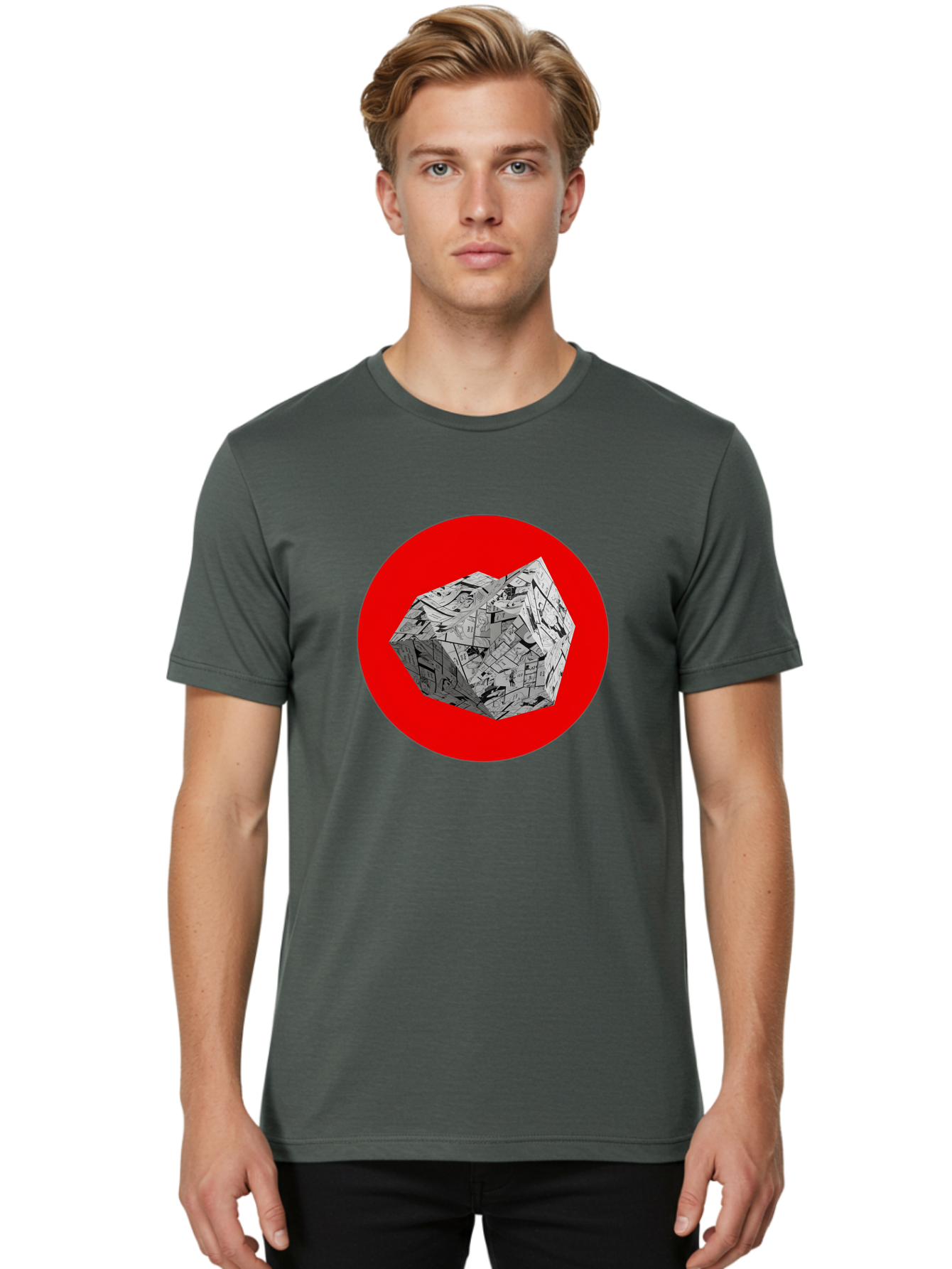 Dodecahedron Men'S Graphic Tee, 100% Cotton, Comfortable Casual Summer Wear, Machine Washable, Geometric Shape, Dodecahedron, 3D Object, Newspaper Clippings, Abstract Art, Modern Design, Unique Texture, Folded Paper, Layered Effect, Bad054