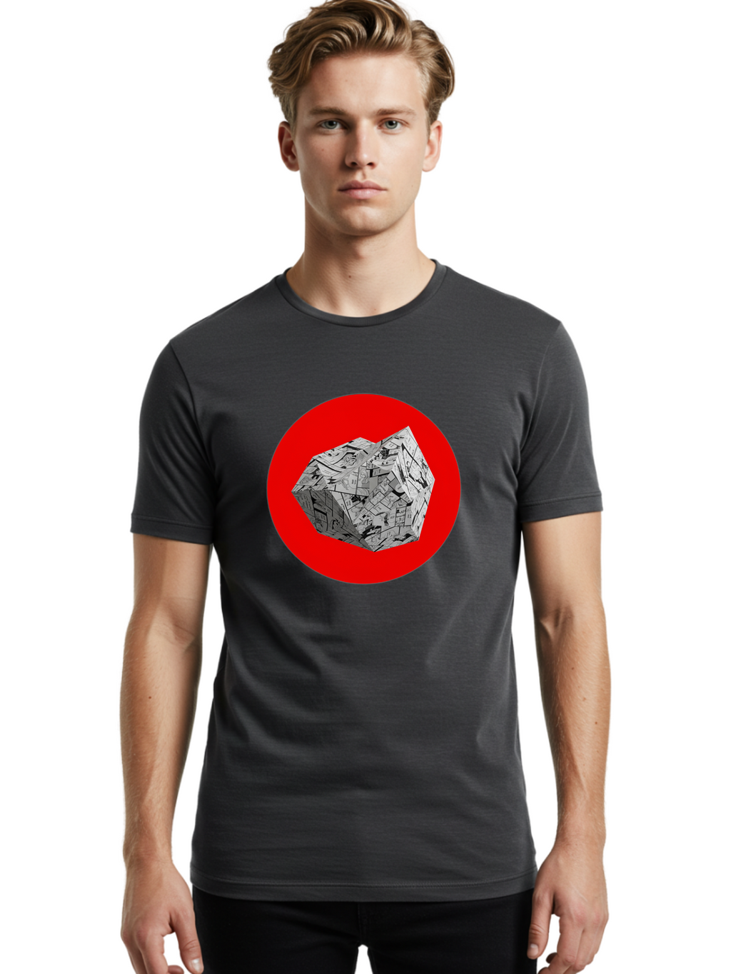Dodecahedron Men'S Graphic Tee, 100% Cotton, Comfortable Casual Summer Wear, Machine Washable, Geometric Shape, Dodecahedron, 3D Object, Newspaper Clippings, Abstract Art, Modern Design, Unique Texture, Folded Paper, Layered Effect, Bad054