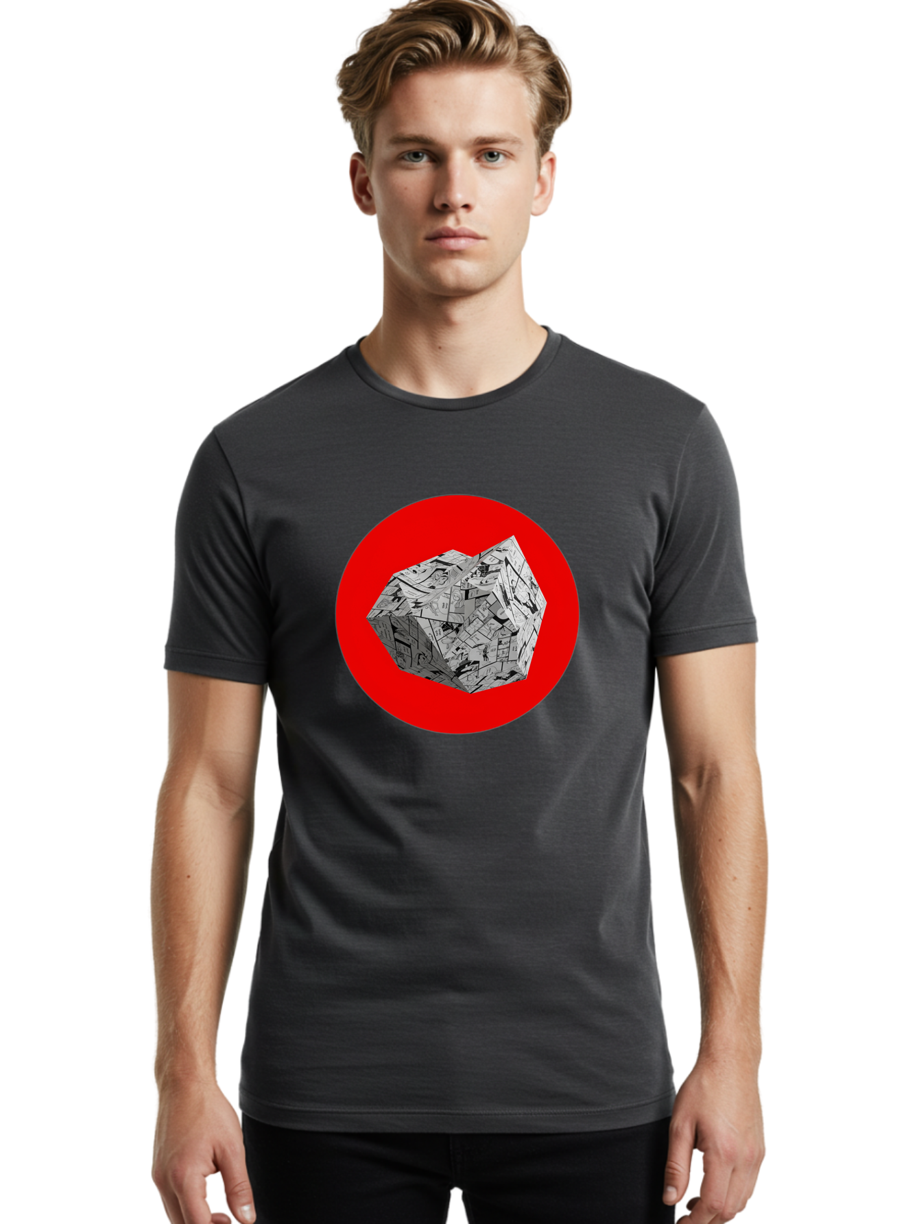 Dodecahedron Men'S Graphic Tee, 100% Cotton, Comfortable Casual Summer Wear, Machine Washable, Geometric Shape, Dodecahedron, 3D Object, Newspaper Clippings, Abstract Art, Modern Design, Unique Texture, Folded Paper, Layered Effect, Bad054
