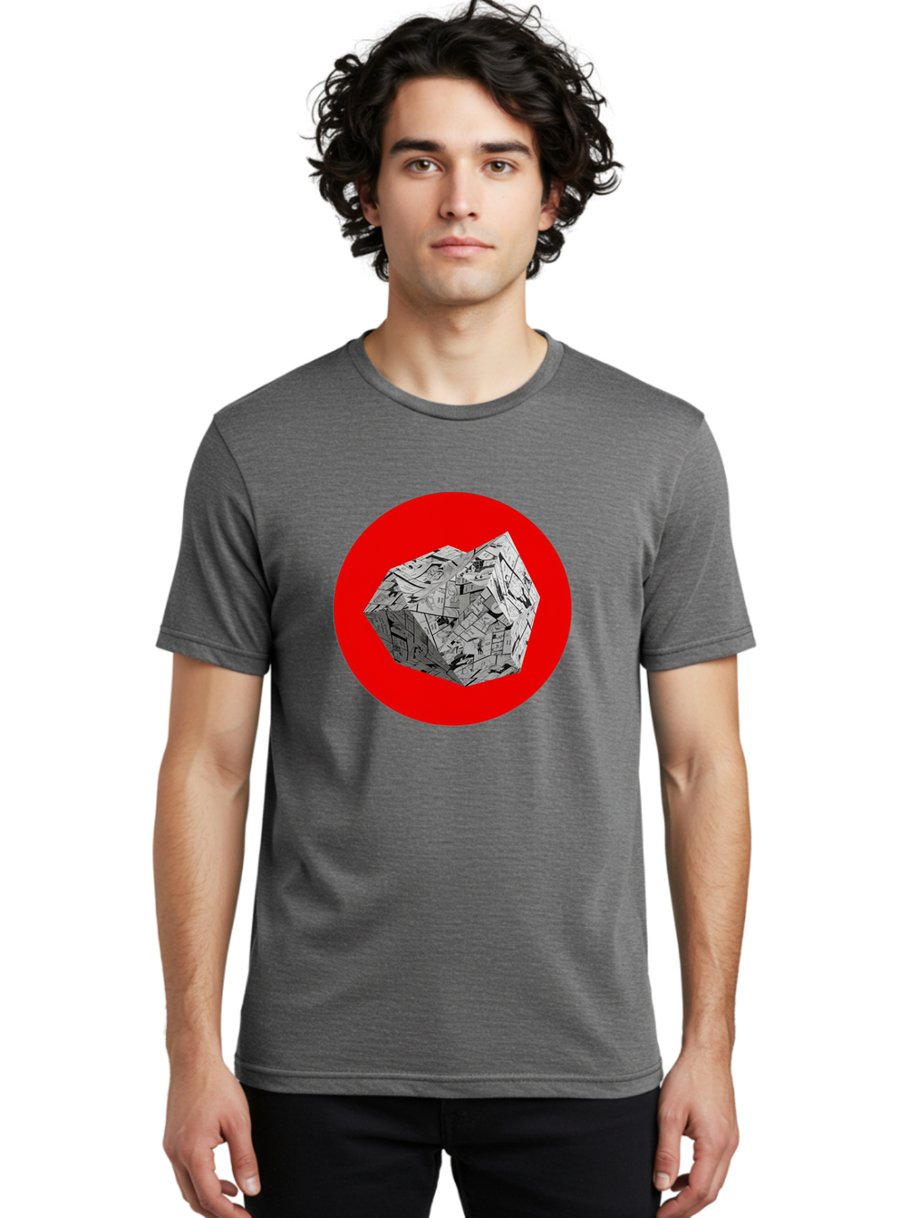 Dodecahedron Men'S Graphic Tee, 100% Cotton, Comfortable Casual Summer Wear, Machine Washable, Geometric Shape, Dodecahedron, 3D Object, Newspaper Clippings, Abstract Art, Modern Design, Unique Texture, Folded Paper, Layered Effect, Bad054