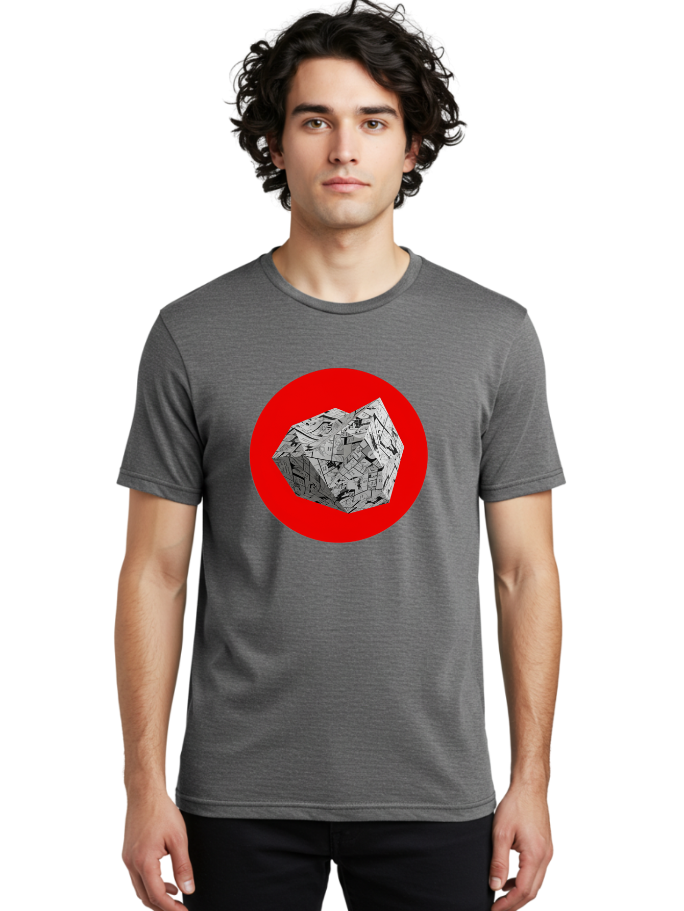 Dodecahedron Men'S Graphic Tee, 100% Cotton, Comfortable Casual Summer Wear, Machine Washable, Geometric Shape, Dodecahedron, 3D Object, Newspaper Clippings, Abstract Art, Modern Design, Unique Texture, Folded Paper, Layered Effect, Bad054