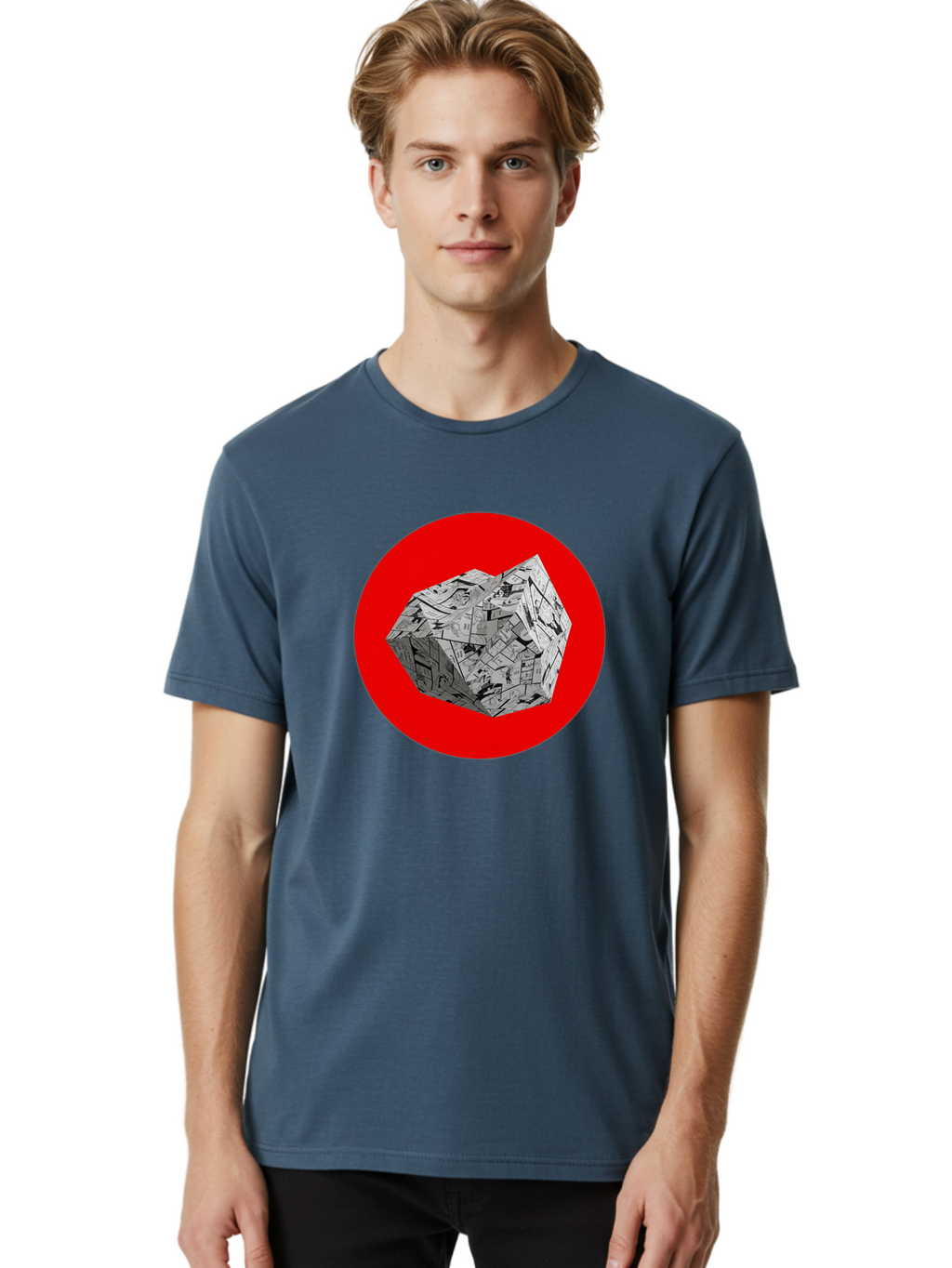 Dodecahedron Men'S Graphic Tee, 100% Cotton, Comfortable Casual Summer Wear, Machine Washable, Geometric Shape, Dodecahedron, 3D Object, Newspaper Clippings, Abstract Art, Modern Design, Unique Texture, Folded Paper, Layered Effect, Bad054