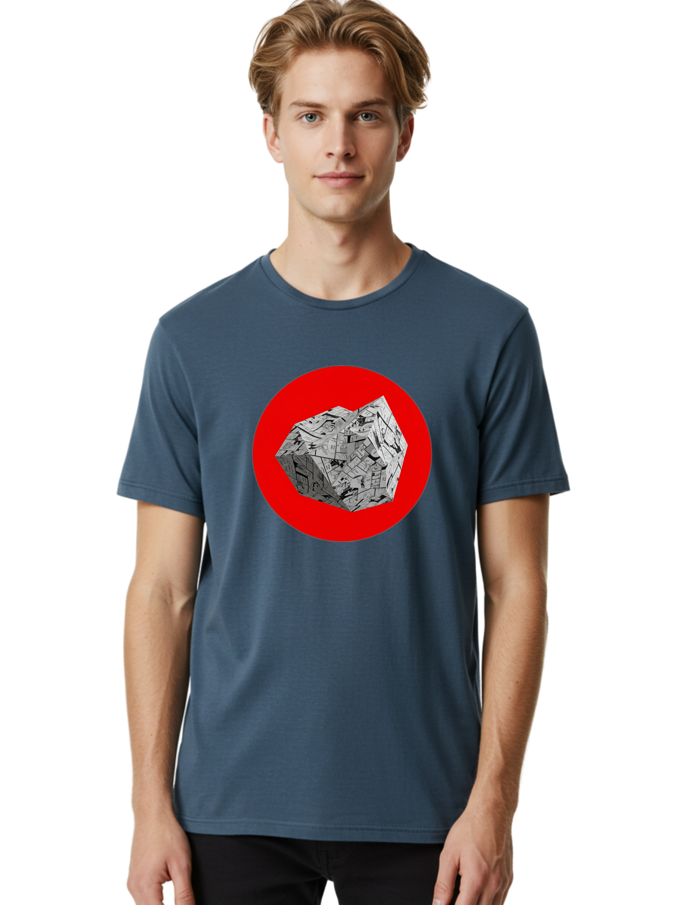 Dodecahedron Men'S Graphic Tee, 100% Cotton, Comfortable Casual Summer Wear, Machine Washable, Geometric Shape, Dodecahedron, 3D Object, Newspaper Clippings, Abstract Art, Modern Design, Unique Texture, Folded Paper, Layered Effect, Bad054