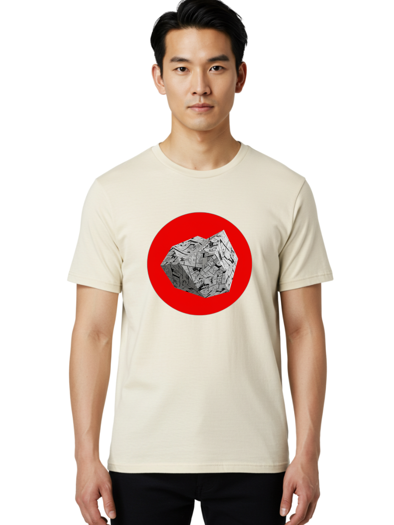 Dodecahedron Men'S Graphic Tee, 100% Cotton, Comfortable Casual Summer Wear, Machine Washable, Geometric Shape, Dodecahedron, 3D Object, Newspaper Clippings, Abstract Art, Modern Design, Unique Texture, Folded Paper, Layered Effect, Bad054