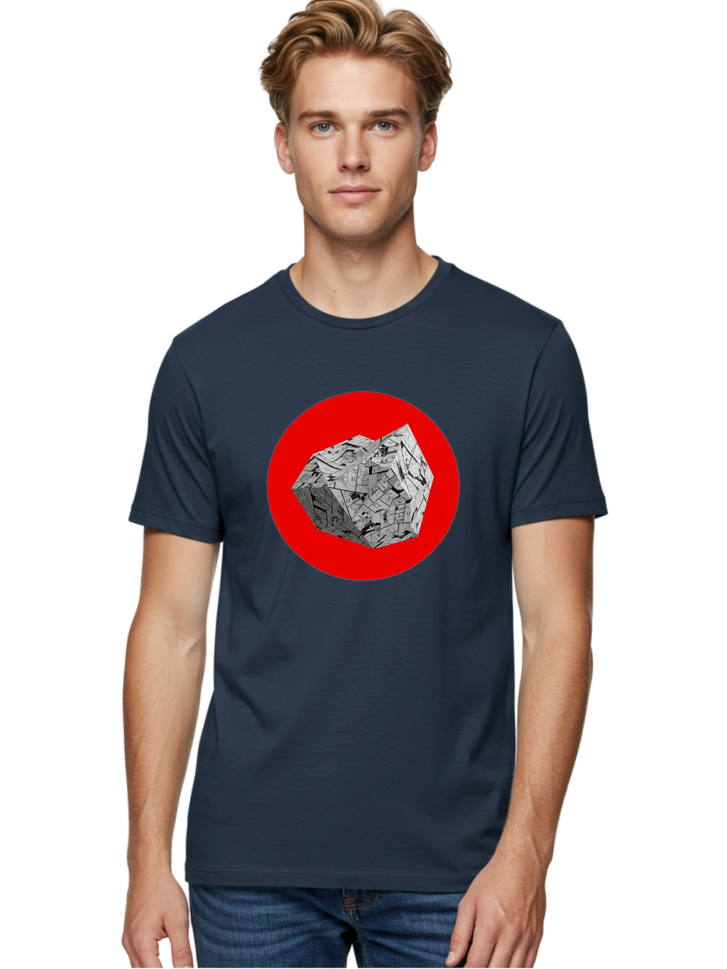 Dodecahedron Men'S Graphic Tee, 100% Cotton, Comfortable Casual Summer Wear, Machine Washable, Geometric Shape, Dodecahedron, 3D Object, Newspaper Clippings, Abstract Art, Modern Design, Unique Texture, Folded Paper, Layered Effect, Bad054