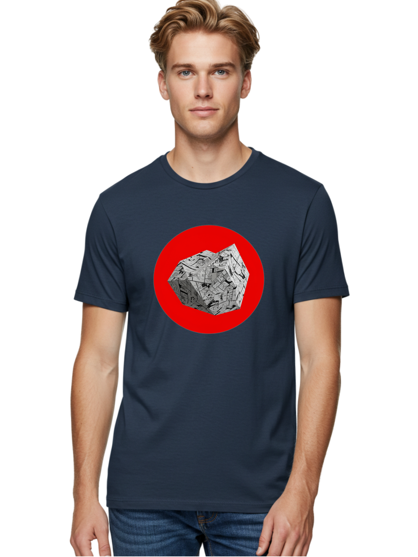 Dodecahedron Men'S Graphic Tee, 100% Cotton, Comfortable Casual Summer Wear, Machine Washable, Geometric Shape, Dodecahedron, 3D Object, Newspaper Clippings, Abstract Art, Modern Design, Unique Texture, Folded Paper, Layered Effect, Bad054
