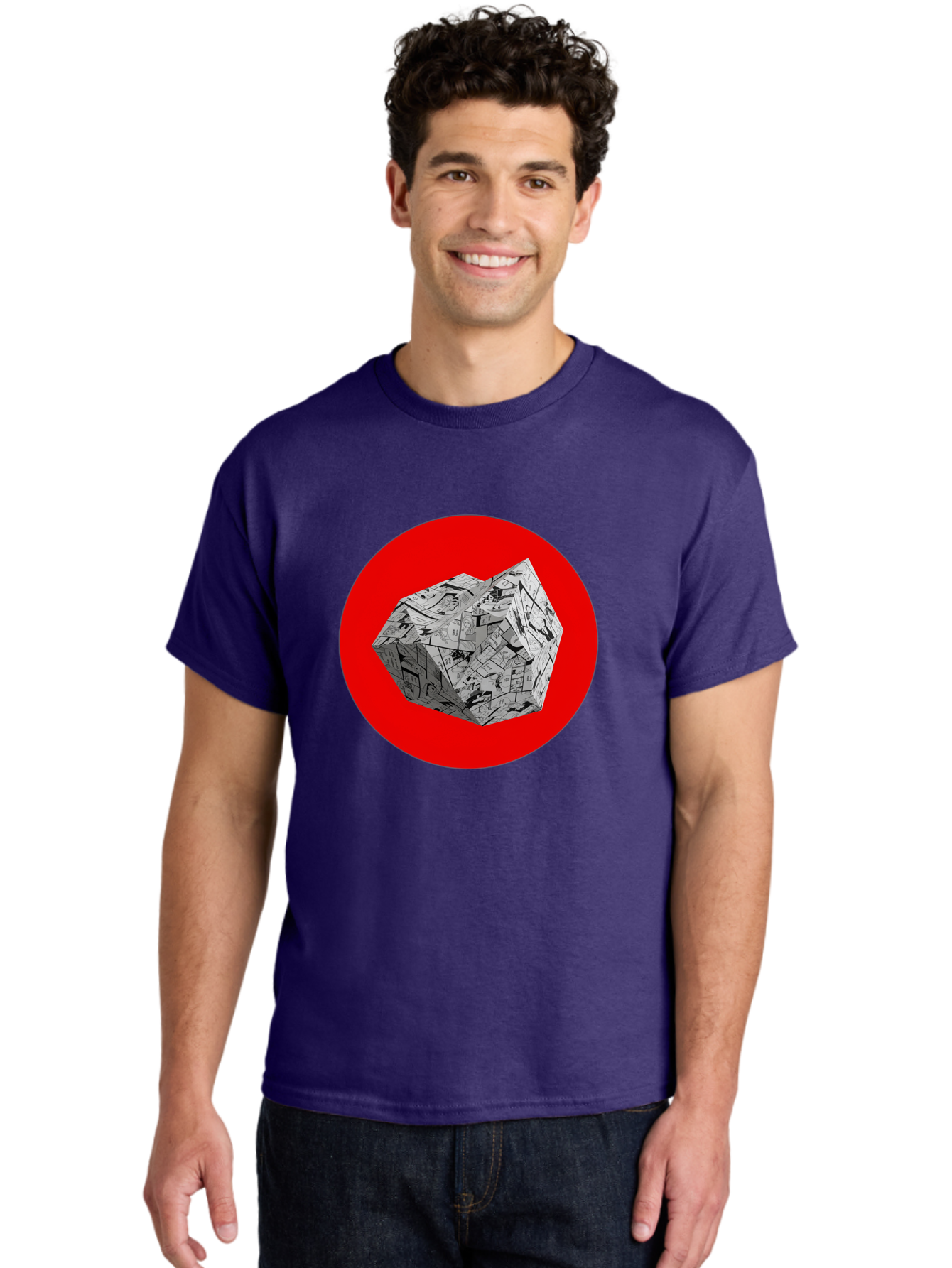 Dodecahedron Men'S Graphic Tee, 100% Cotton, Comfortable Casual Summer Wear, Machine Washable, Geometric Shape, Dodecahedron, 3D Object, Newspaper Clippings, Abstract Art, Modern Design, Unique Texture, Folded Paper, Layered Effect, Bad054