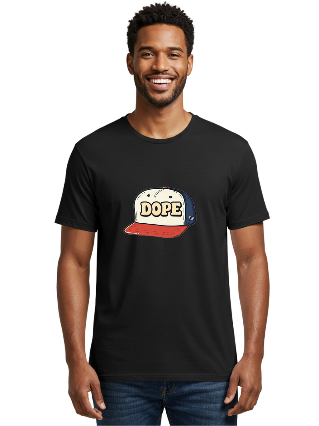 Dope-Baseball-Cap Men'S Graphic Tee, 100% Cotton, Comfortable Casual Summer Wear, Machine Washable, Baseball Cap, Red And Blue Cap, Dope Hat, Streetwear Fashion, New Era Logo, Bold Graphic, Cartoon Style, Trendy Accessory, Casual Wear, Bad055