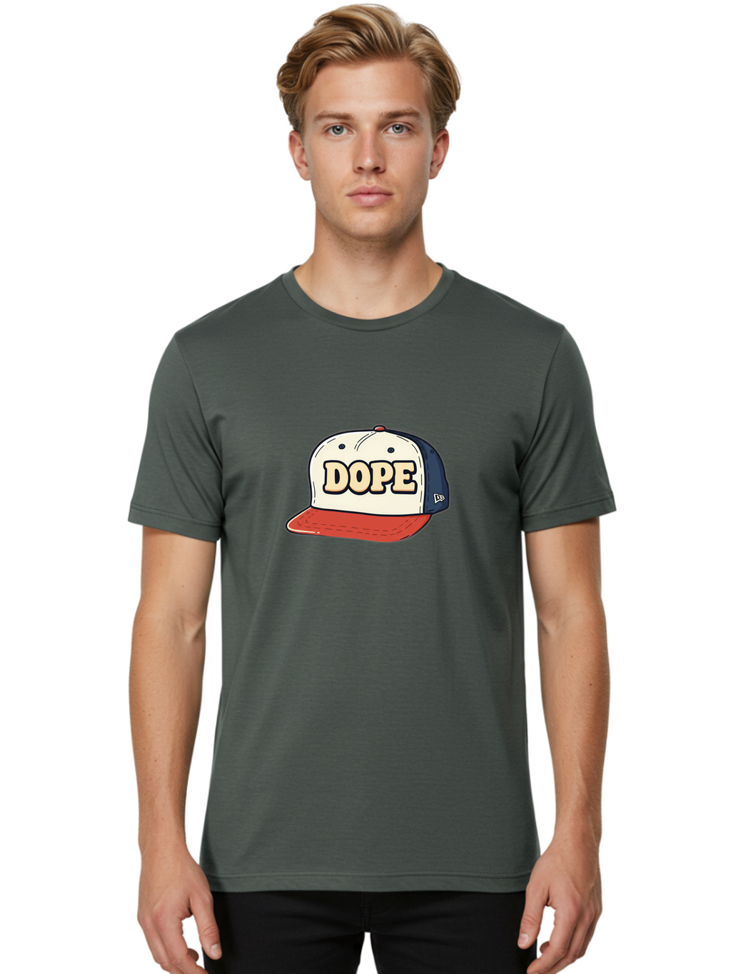 Dope-Baseball-Cap Men'S Graphic Tee, 100% Cotton, Comfortable Casual Summer Wear, Machine Washable, Baseball Cap, Red And Blue Cap, Dope Hat, Streetwear Fashion, New Era Logo, Bold Graphic, Cartoon Style, Trendy Accessory, Casual Wear, Bad055