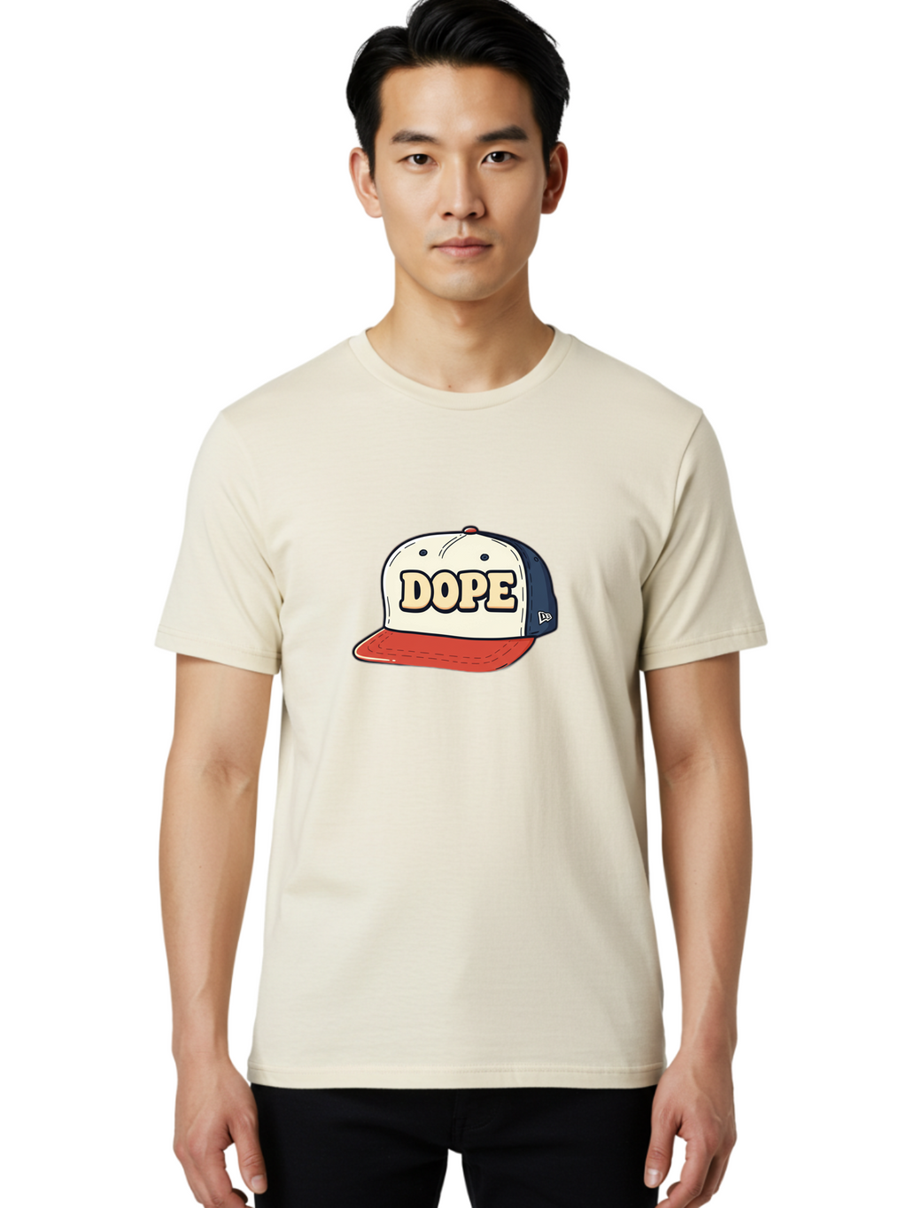Dope-Baseball-Cap Men'S Graphic Tee, 100% Cotton, Comfortable Casual Summer Wear, Machine Washable, Baseball Cap, Red And Blue Cap, Dope Hat, Streetwear Fashion, New Era Logo, Bold Graphic, Cartoon Style, Trendy Accessory, Casual Wear, Bad055