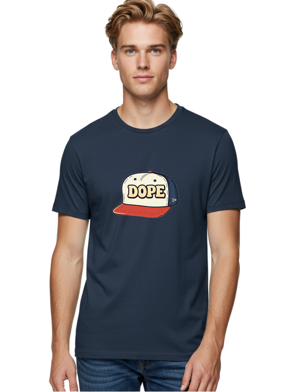 Dope-Baseball-Cap Men'S Graphic Tee, 100% Cotton, Comfortable Casual Summer Wear, Machine Washable, Baseball Cap, Red And Blue Cap, Dope Hat, Streetwear Fashion, New Era Logo, Bold Graphic, Cartoon Style, Trendy Accessory, Casual Wear, Bad055