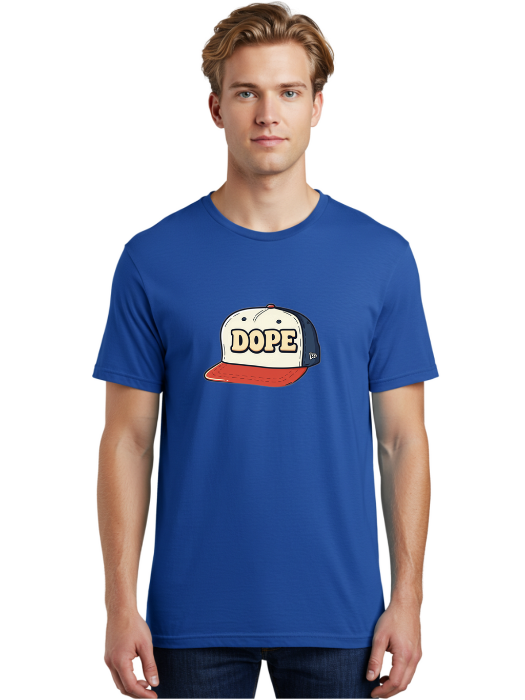 Dope-Baseball-Cap Men'S Graphic Tee, 100% Cotton, Comfortable Casual Summer Wear, Machine Washable, Baseball Cap, Red And Blue Cap, Dope Hat, Streetwear Fashion, New Era Logo, Bold Graphic, Cartoon Style, Trendy Accessory, Casual Wear, Bad055