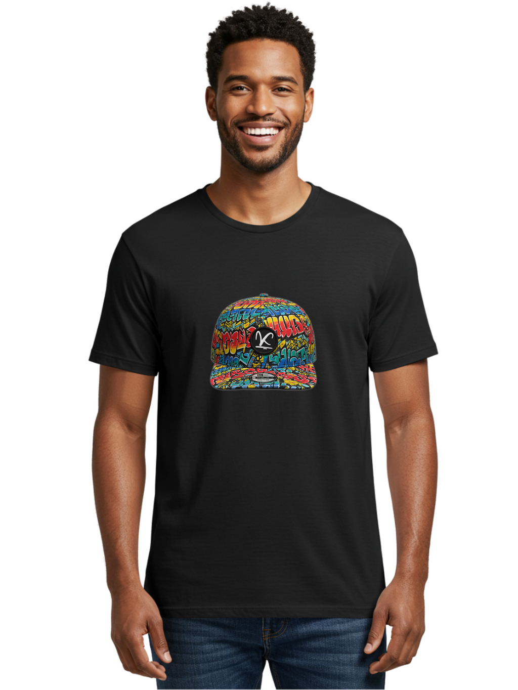 Double-K-Graffiti-Snapback Men'S Graphic Tee, 100% Cotton, Comfortable Casual Summer Wear, Machine Washable, Streetwear Fashion, Graffiti Art, Urban Style, Vibrant Colors, Bold Design, Trendy Accessories, Casual Wear, Baseball Cap, Bad056