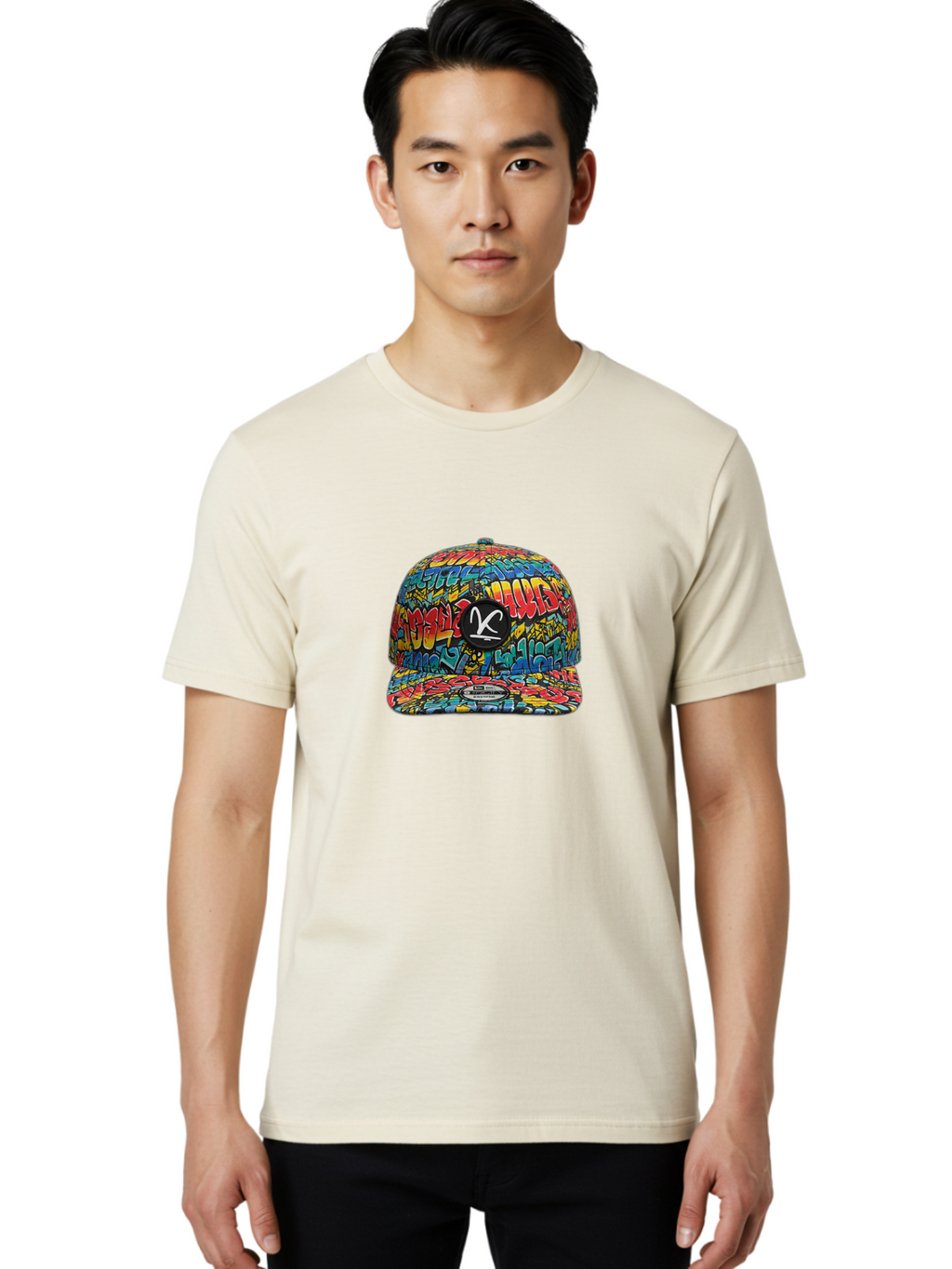 Double-K-Graffiti-Snapback Men'S Graphic Tee, 100% Cotton, Comfortable Casual Summer Wear, Machine Washable, Streetwear Fashion, Graffiti Art, Urban Style, Vibrant Colors, Bold Design, Trendy Accessories, Casual Wear, Baseball Cap, Bad056