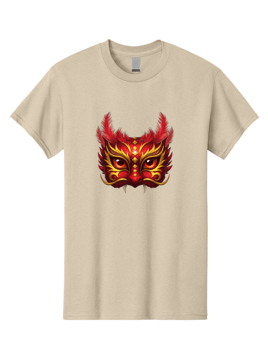 Dragon-Head Men'S Graphic Tee, 100% Cotton, Comfortable Casual Summer Wear, Machine Washable, Red Dragon Face, Gold Accents, Sharp Fangs, Bold Design, Vibrant Red, Mythical Creature, Cultural Symbol, Fierce Expression, Dragon Art Bad057