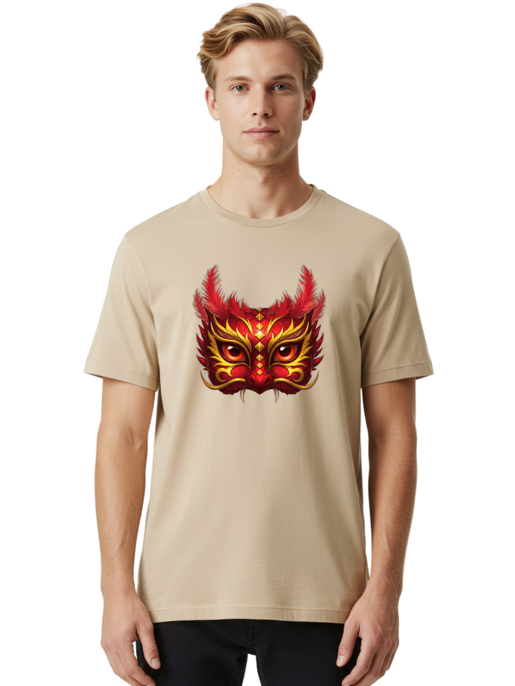 Dragon-Head Men'S Graphic Tee, 100% Cotton, Comfortable Casual Summer Wear, Machine Washable, Red Dragon Face, Gold Accents, Sharp Fangs, Bold Design, Vibrant Red, Mythical Creature, Cultural Symbol, Fierce Expression, Dragon Art Bad057