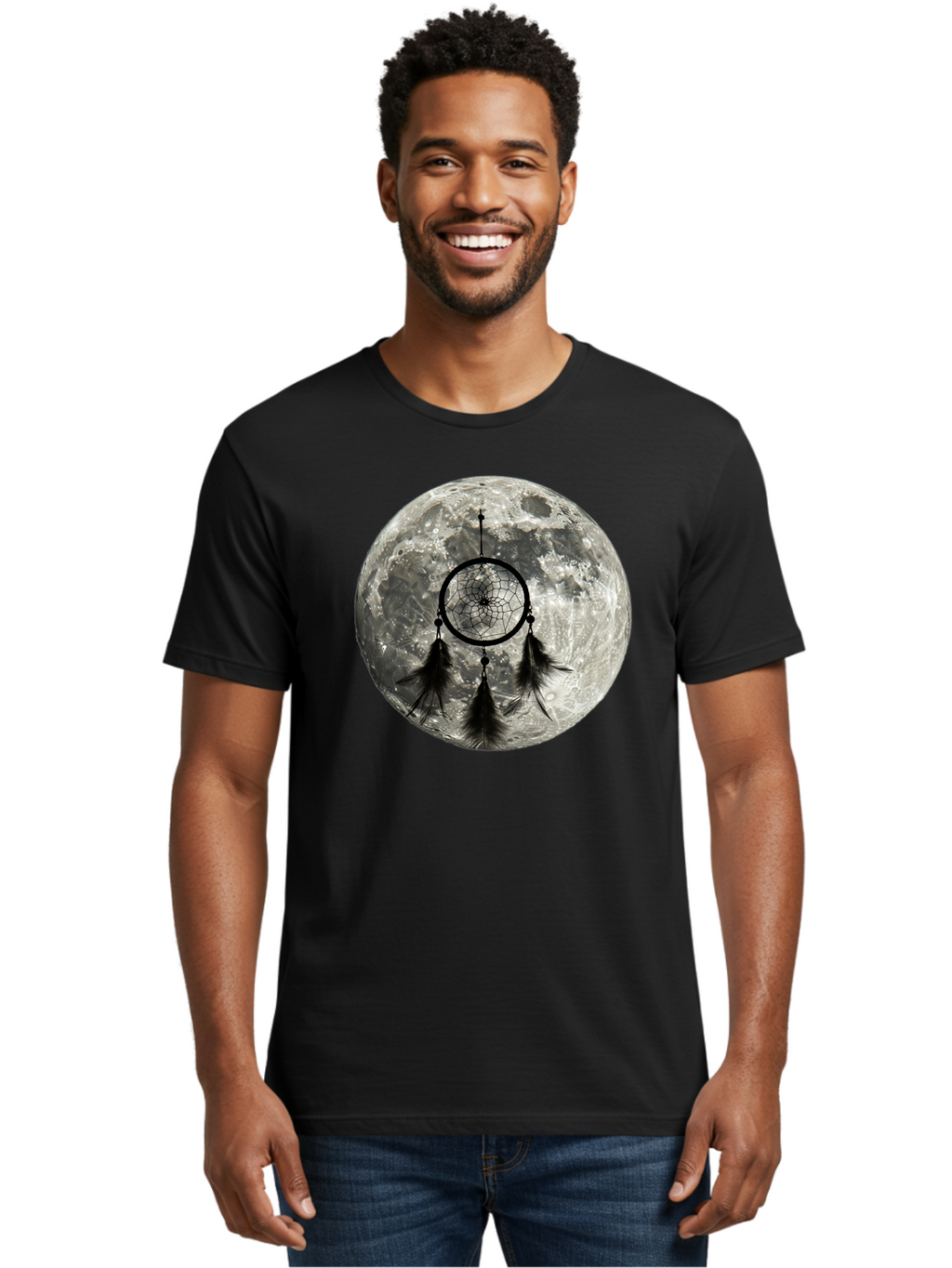 Dreamcatcher-Moon Men'S Graphic Tee, 100% Cotton, Comfortable Casual Summer Wear, Machine Washable, Dreamcatcher With Feathers, Full Moon, Lunar Surface, Mystical Symbol, Spiritual Significance, Black And White, Bohemian Style, Bad058