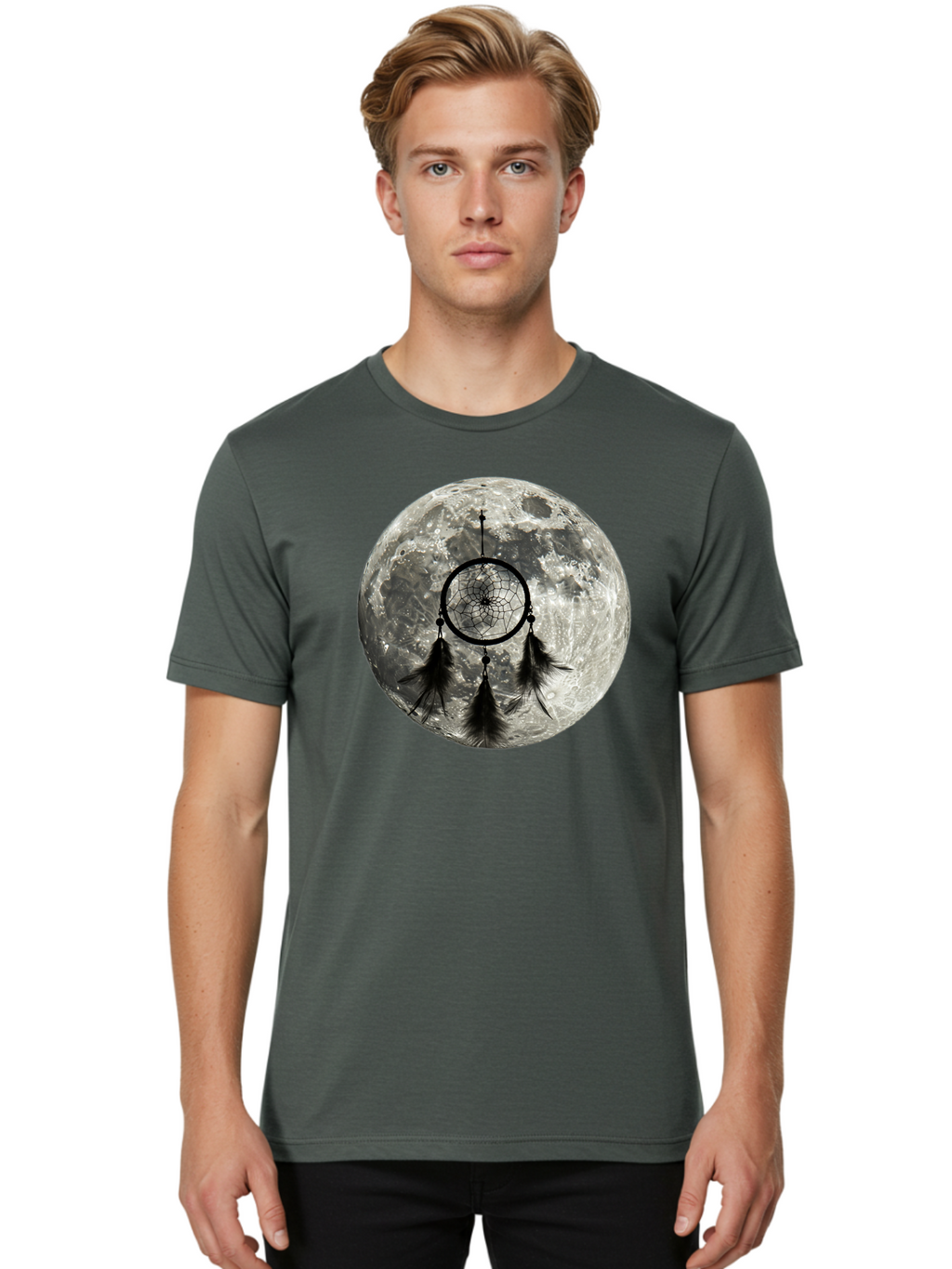 Dreamcatcher-Moon Men'S Graphic Tee, 100% Cotton, Comfortable Casual Summer Wear, Machine Washable, Dreamcatcher With Feathers, Full Moon, Lunar Surface, Mystical Symbol, Spiritual Significance, Black And White, Bohemian Style, Bad058