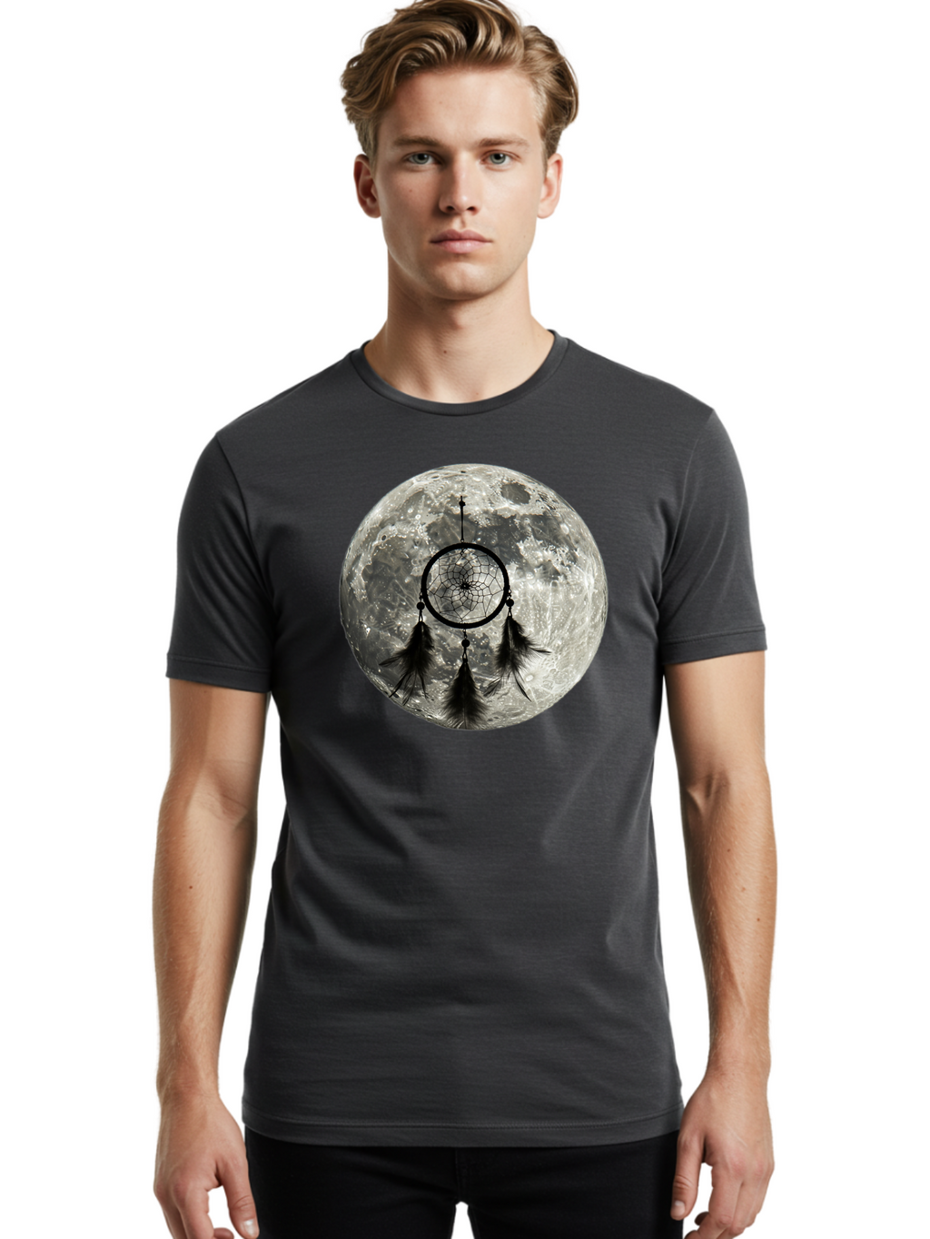 Dreamcatcher-Moon Men'S Graphic Tee, 100% Cotton, Comfortable Casual Summer Wear, Machine Washable, Dreamcatcher With Feathers, Full Moon, Lunar Surface, Mystical Symbol, Spiritual Significance, Black And White, Bohemian Style, Bad058
