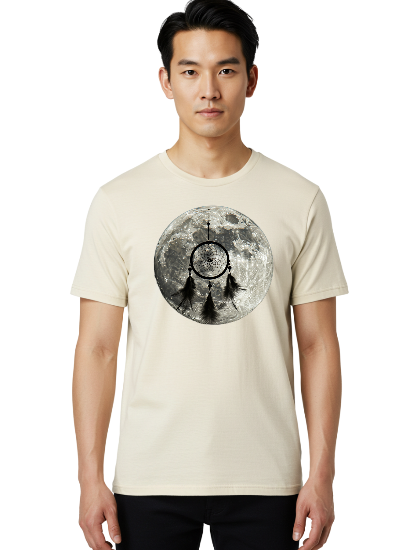Dreamcatcher-Moon Men'S Graphic Tee, 100% Cotton, Comfortable Casual Summer Wear, Machine Washable, Dreamcatcher With Feathers, Full Moon, Lunar Surface, Mystical Symbol, Spiritual Significance, Black And White, Bohemian Style, Bad058