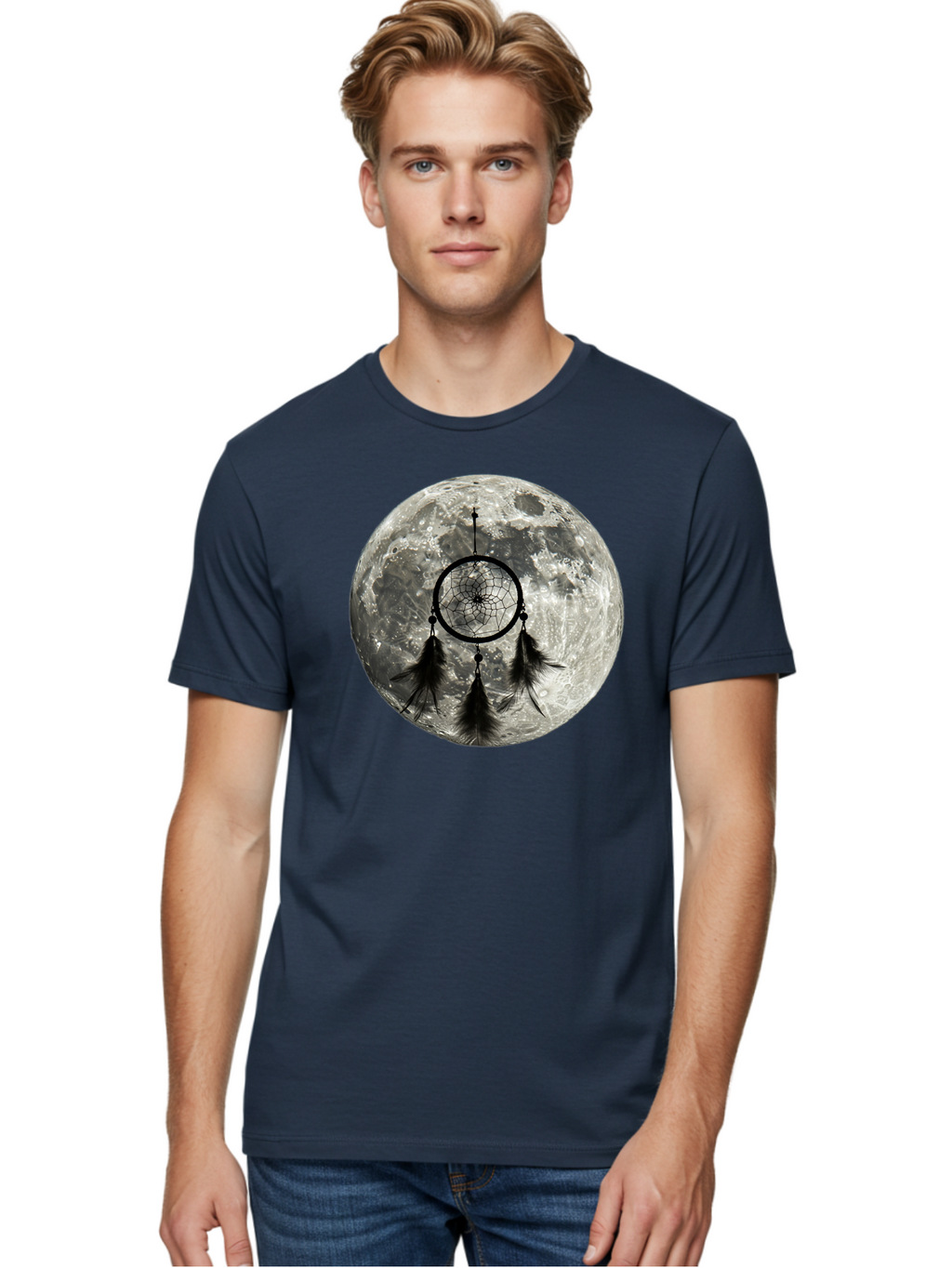 Dreamcatcher-Moon Men'S Graphic Tee, 100% Cotton, Comfortable Casual Summer Wear, Machine Washable, Dreamcatcher With Feathers, Full Moon, Lunar Surface, Mystical Symbol, Spiritual Significance, Black And White, Bohemian Style, Bad058