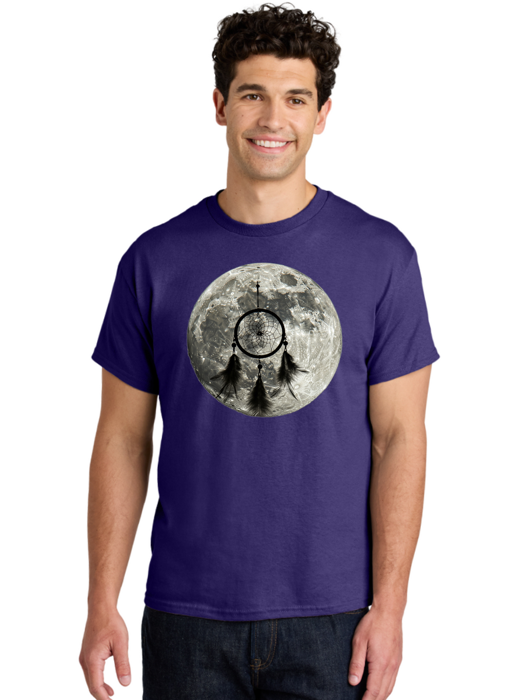 Dreamcatcher-Moon Men'S Graphic Tee, 100% Cotton, Comfortable Casual Summer Wear, Machine Washable, Dreamcatcher With Feathers, Full Moon, Lunar Surface, Mystical Symbol, Spiritual Significance, Black And White, Bohemian Style, Bad058