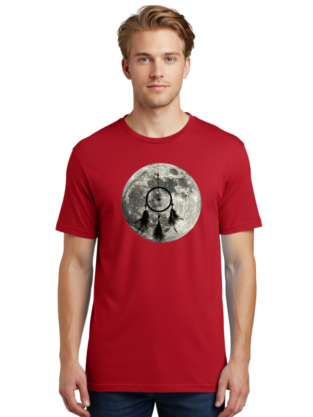Dreamcatcher-Moon Men'S Graphic Tee, 100% Cotton, Comfortable Casual Summer Wear, Machine Washable, Dreamcatcher With Feathers, Full Moon, Lunar Surface, Mystical Symbol, Spiritual Significance, Black And White, Bohemian Style, Bad058