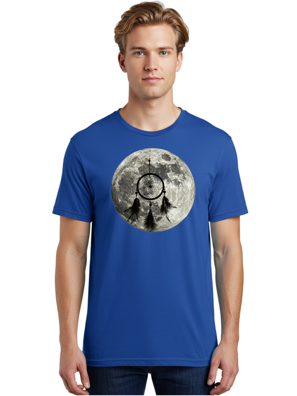 Dreamcatcher-Moon Men'S Graphic Tee, 100% Cotton, Comfortable Casual Summer Wear, Machine Washable, Dreamcatcher With Feathers, Full Moon, Lunar Surface, Mystical Symbol, Spiritual Significance, Black And White, Bohemian Style, Bad058