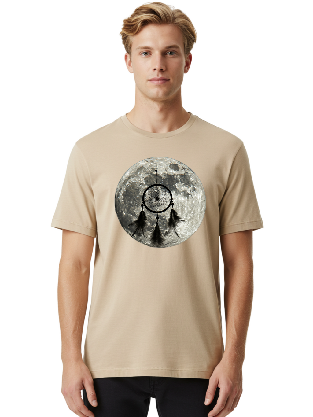 Dreamcatcher-Moon Men'S Graphic Tee, 100% Cotton, Comfortable Casual Summer Wear, Machine Washable, Dreamcatcher With Feathers, Full Moon, Lunar Surface, Mystical Symbol, Spiritual Significance, Black And White, Bohemian Style, Bad058