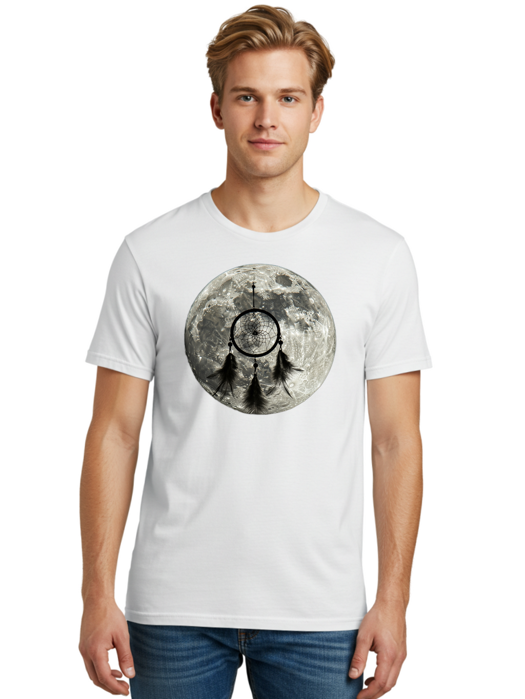 Dreamcatcher-Moon Men'S Graphic Tee, 100% Cotton, Comfortable Casual Summer Wear, Machine Washable, Dreamcatcher With Feathers, Full Moon, Lunar Surface, Mystical Symbol, Spiritual Significance, Black And White, Bohemian Style, Bad058