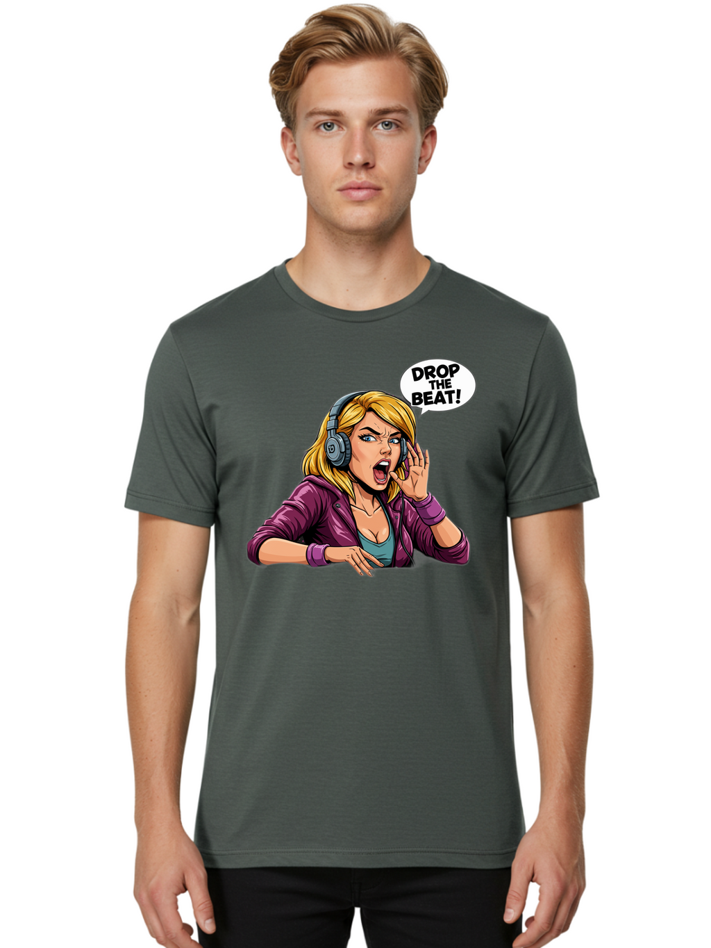 Drop-The-Beat-1 Men'S Graphic Tee, 100% Cotton, Comfortable Casual Summer Wear, Machine Washable, Girl Wearing Headphones, Energetic Music, Drop The Beat, Lively Cartoon Character, Dynamic Illustration, Blonde Woman, Purple Jacket, Bad059