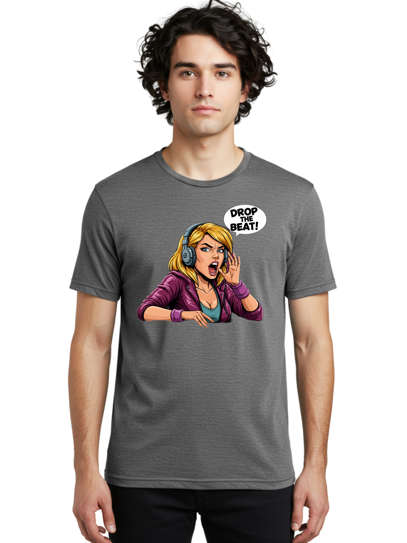 Drop-The-Beat-1 Men'S Graphic Tee, 100% Cotton, Comfortable Casual Summer Wear, Machine Washable, Girl Wearing Headphones, Energetic Music, Drop The Beat, Lively Cartoon Character, Dynamic Illustration, Blonde Woman, Purple Jacket, Bad059