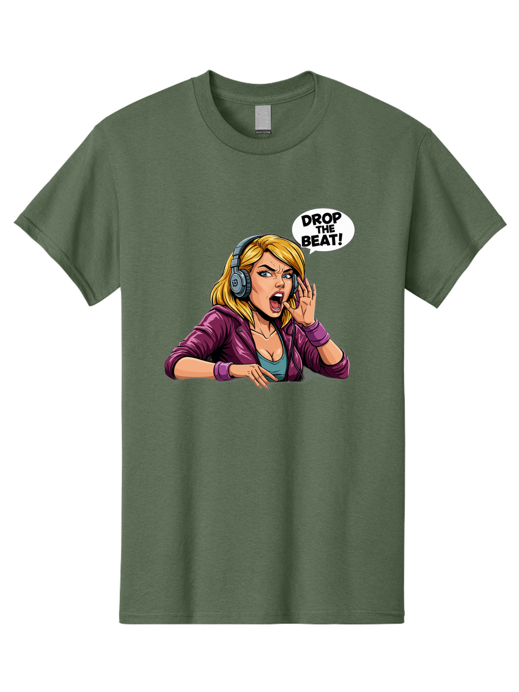 Drop-The-Beat-1 Men'S Graphic Tee, 100% Cotton, Comfortable Casual Summer Wear, Machine Washable, Girl Wearing Headphones, Energetic Music, Drop The Beat, Lively Cartoon Character, Dynamic Illustration, Blonde Woman, Purple Jacket, Bad059
