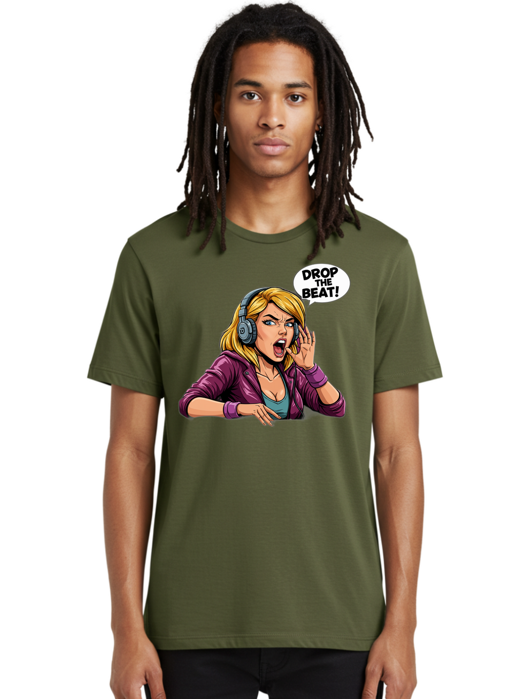 Drop-The-Beat-1 Men'S Graphic Tee, 100% Cotton, Comfortable Casual Summer Wear, Machine Washable, Girl Wearing Headphones, Energetic Music, Drop The Beat, Lively Cartoon Character, Dynamic Illustration, Blonde Woman, Purple Jacket, Bad059
