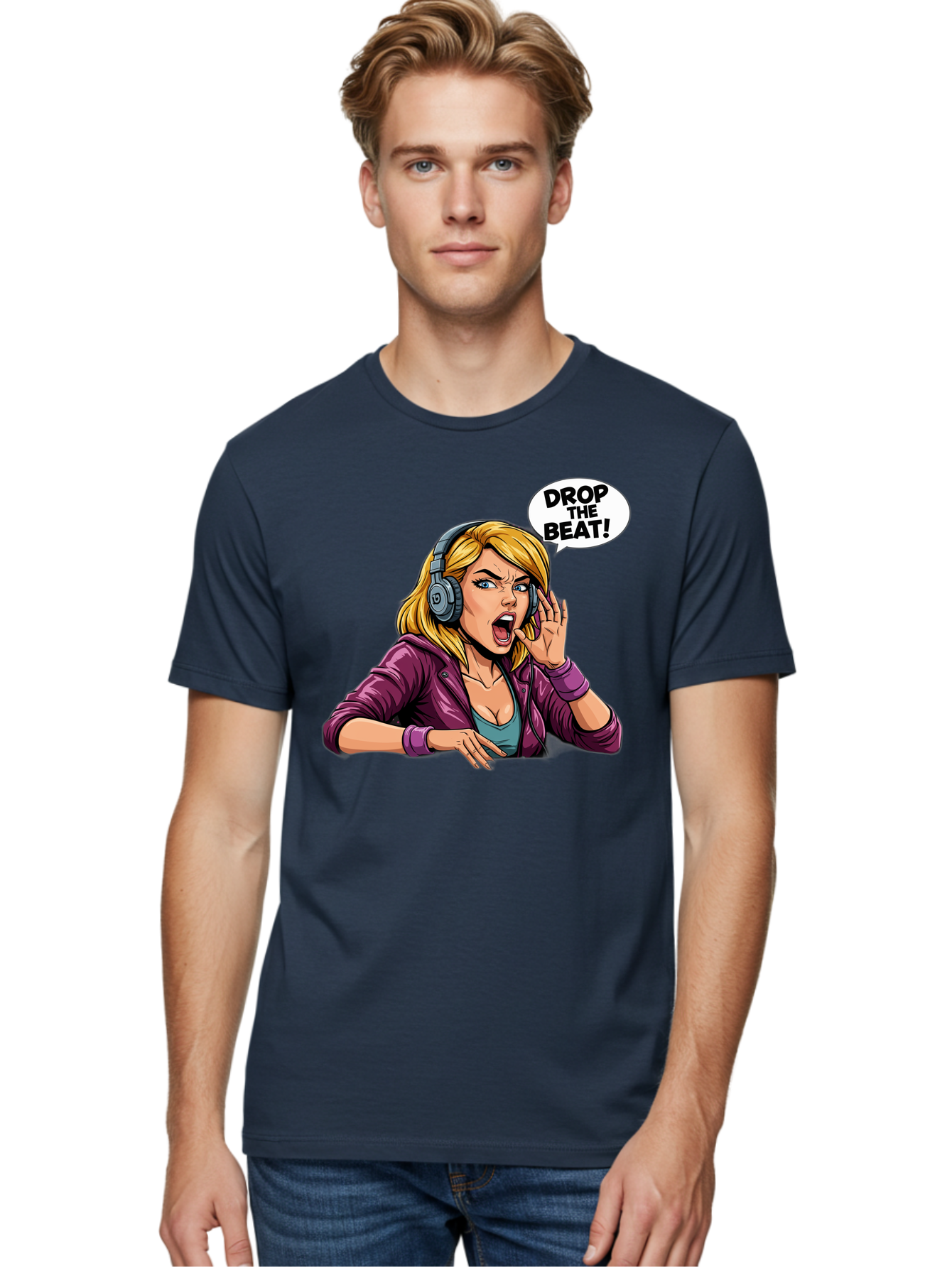 Drop-The-Beat-1 Men'S Graphic Tee, 100% Cotton, Comfortable Casual Summer Wear, Machine Washable, Girl Wearing Headphones, Energetic Music, Drop The Beat, Lively Cartoon Character, Dynamic Illustration, Blonde Woman, Purple Jacket, Bad059
