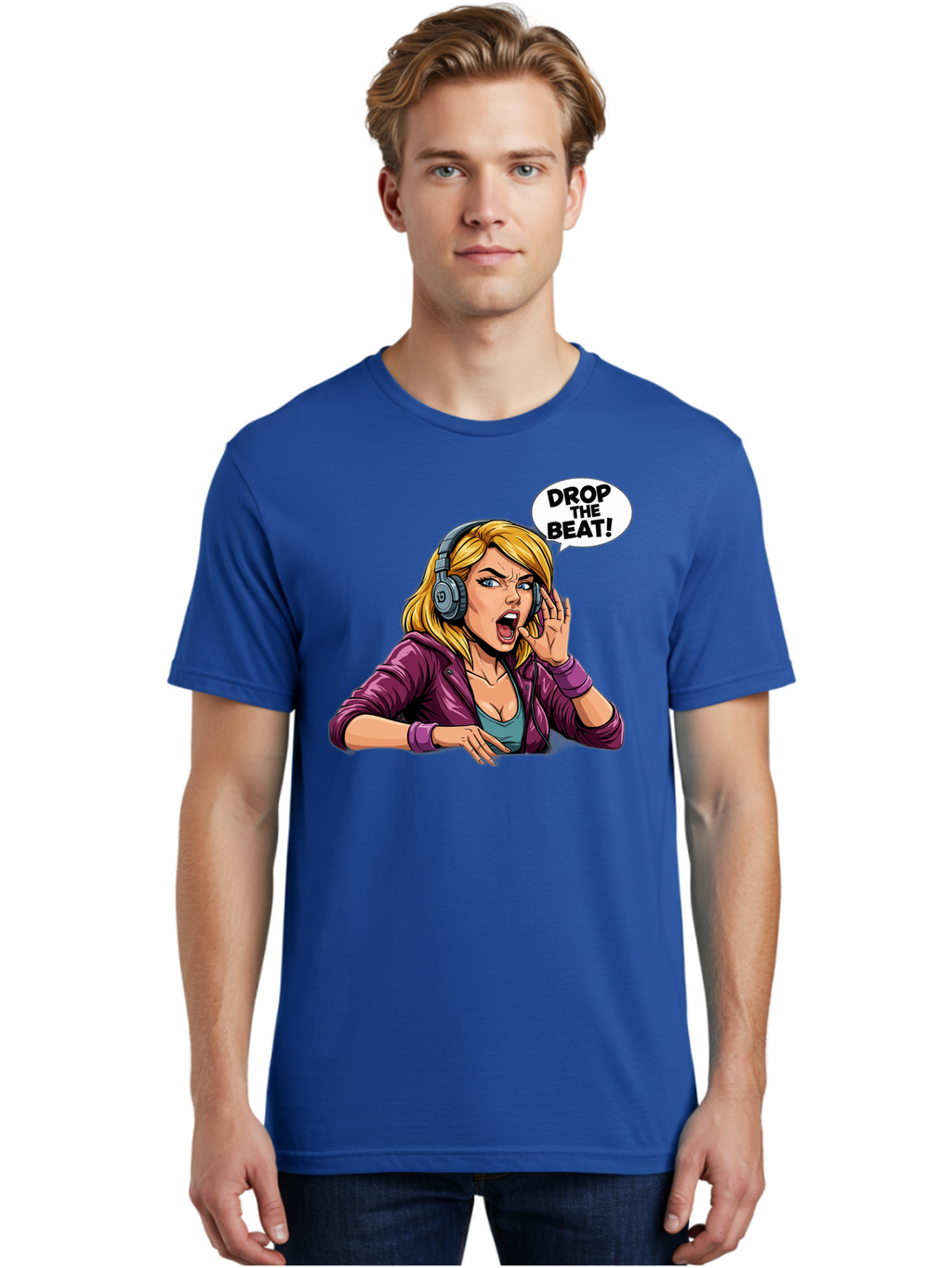 Drop-The-Beat-1 Men'S Graphic Tee, 100% Cotton, Comfortable Casual Summer Wear, Machine Washable, Girl Wearing Headphones, Energetic Music, Drop The Beat, Lively Cartoon Character, Dynamic Illustration, Blonde Woman, Purple Jacket, Bad059