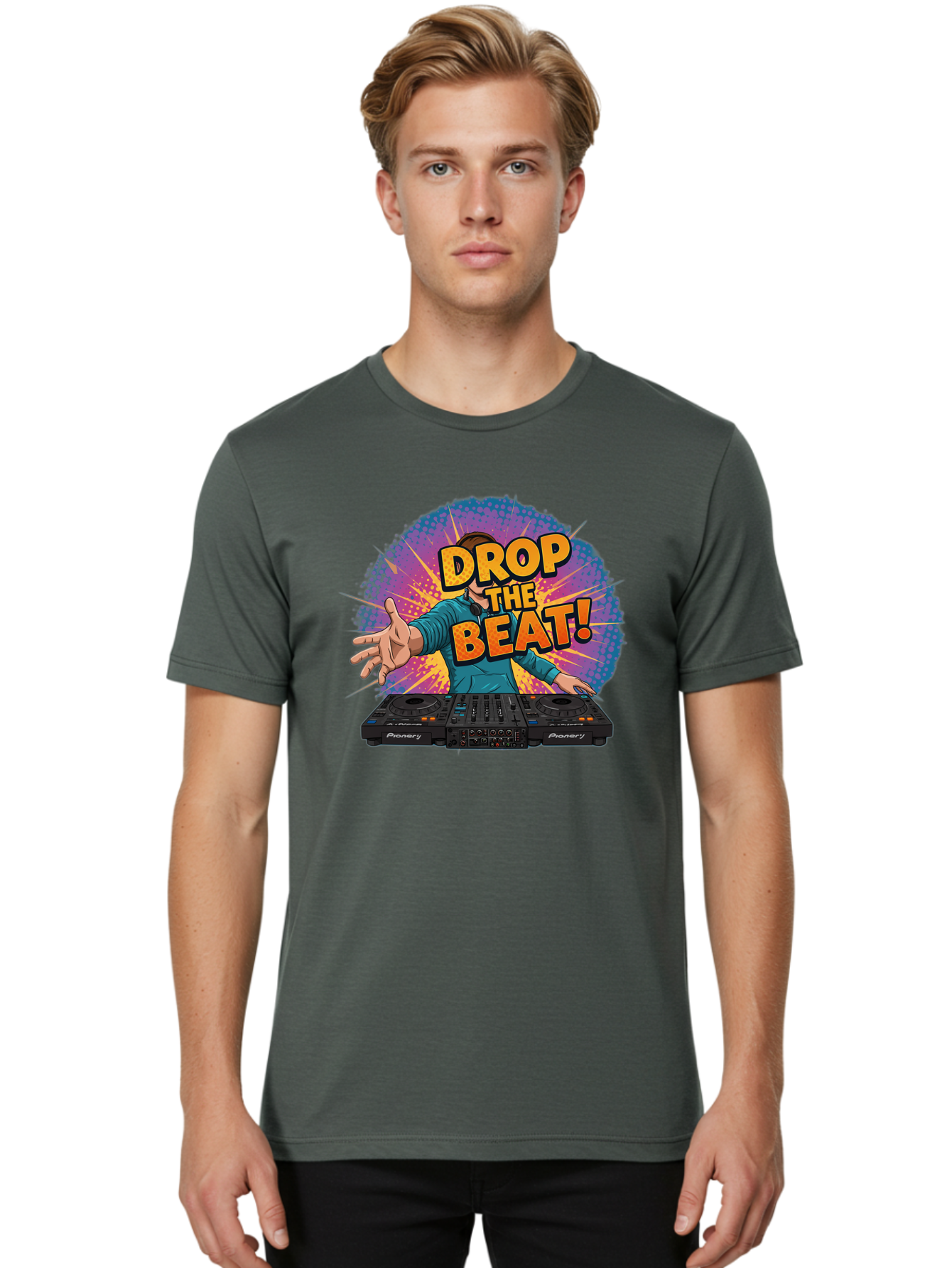 Drop-The-Beat Men'S Graphic Tee, 100% Cotton, Comfortable Casual Summer Wear, Machine Washable, Dj Spinning Tracks, Electronic Dance Music, Party Atmosphere, Club Vibe, Dj Controller, Pionery Equipment, Mixing Beats, Energetic Performance Bad060