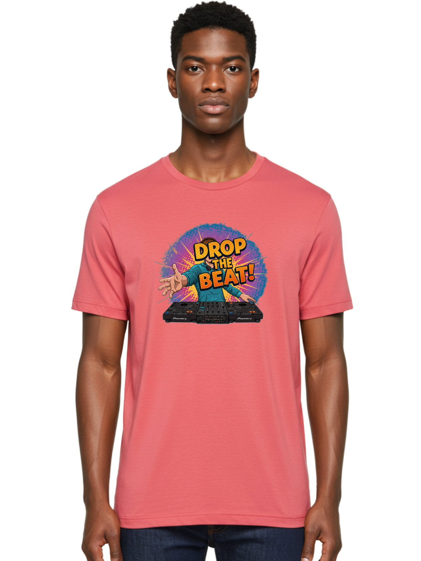 Drop-The-Beat Men'S Graphic Tee, 100% Cotton, Comfortable Casual Summer Wear, Machine Washable, Dj Spinning Tracks, Electronic Dance Music, Party Atmosphere, Club Vibe, Dj Controller, Pionery Equipment, Mixing Beats, Energetic Performance Bad060