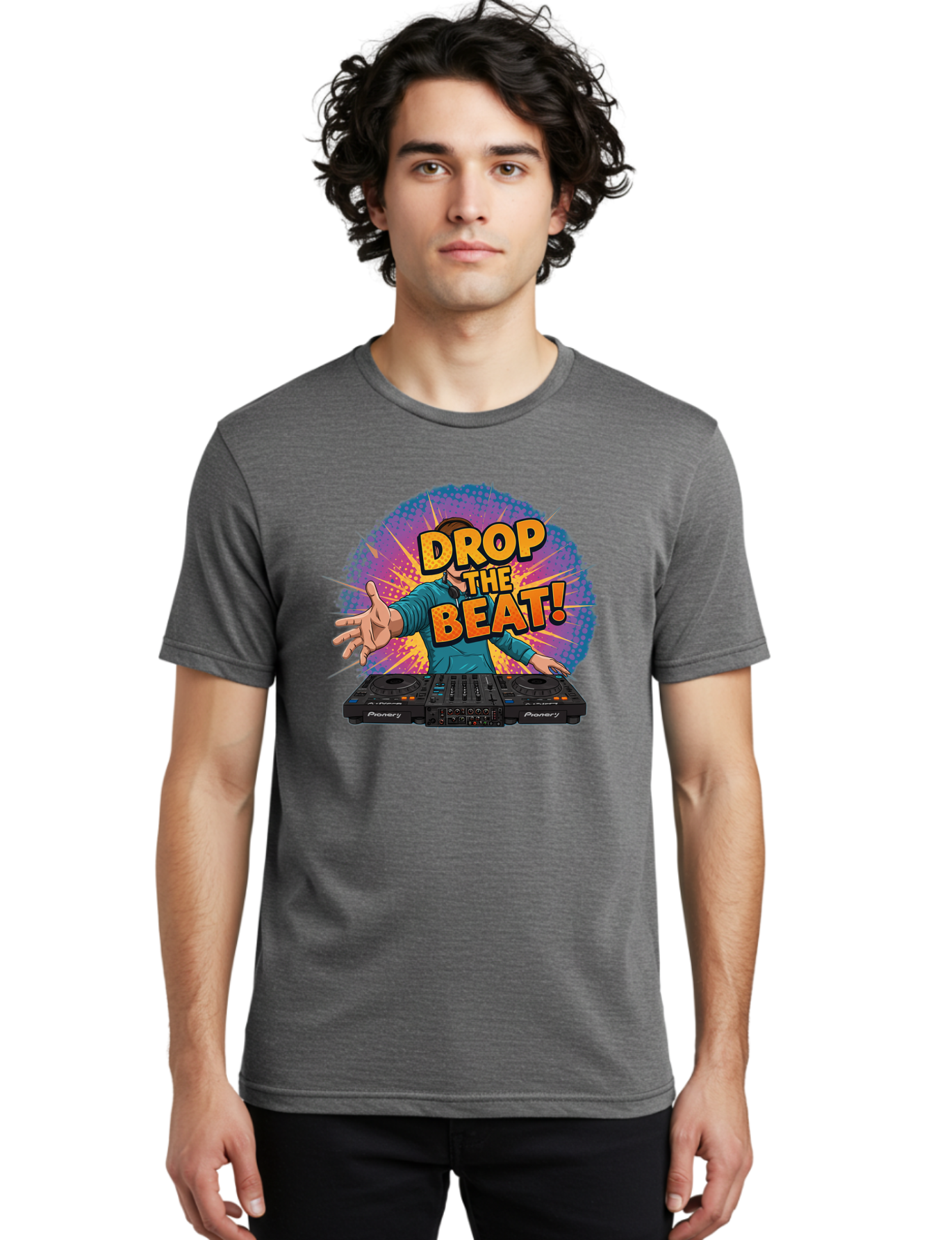 Drop-The-Beat Men'S Graphic Tee, 100% Cotton, Comfortable Casual Summer Wear, Machine Washable, Dj Spinning Tracks, Electronic Dance Music, Party Atmosphere, Club Vibe, Dj Controller, Pionery Equipment, Mixing Beats, Energetic Performance Bad060