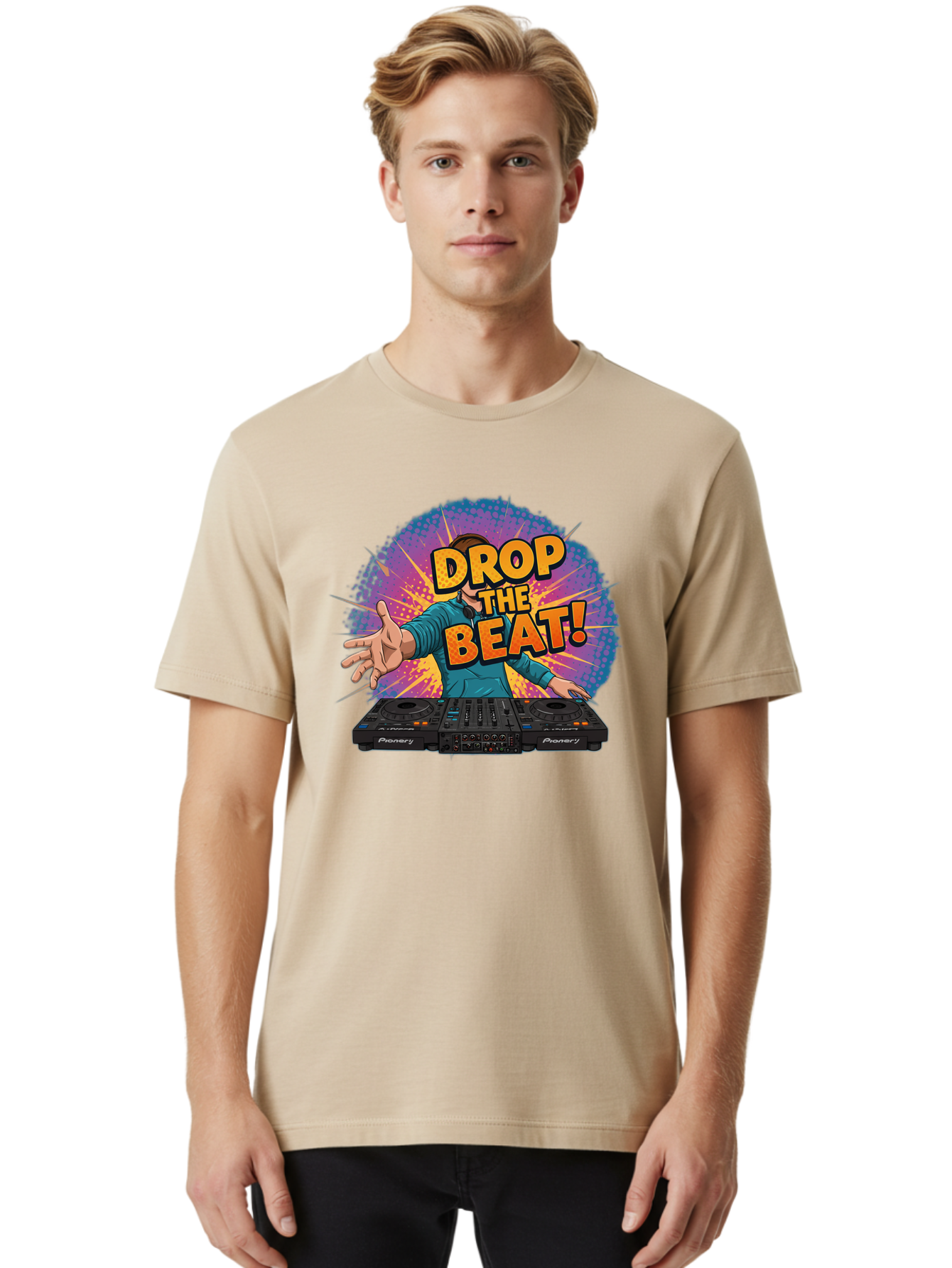 Drop-The-Beat Men'S Graphic Tee, 100% Cotton, Comfortable Casual Summer Wear, Machine Washable, Dj Spinning Tracks, Electronic Dance Music, Party Atmosphere, Club Vibe, Dj Controller, Pionery Equipment, Mixing Beats, Energetic Performance Bad060