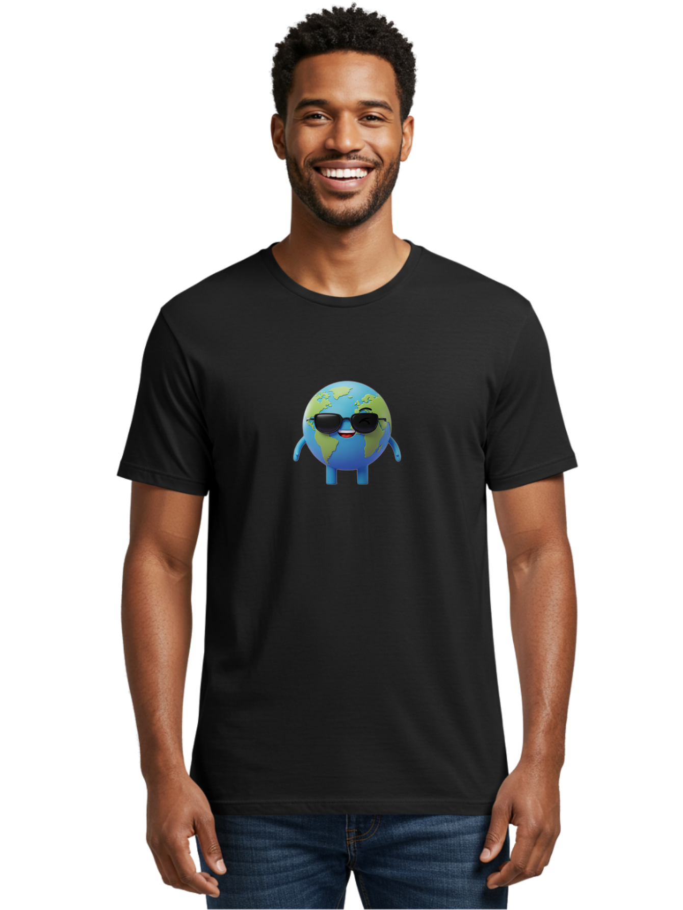 Earth-With-Sunglasses Men'S Graphic Tee, 100% Cotton, Comfortable Casual Summer Wear, Machine Washable, Cartoon Earth, Sunglasses, Smiling Face, Anthropomorphic Globe, Cute Character, Fun Design, Earth Illustration, Quirky Style, Cool Planet, Bad062