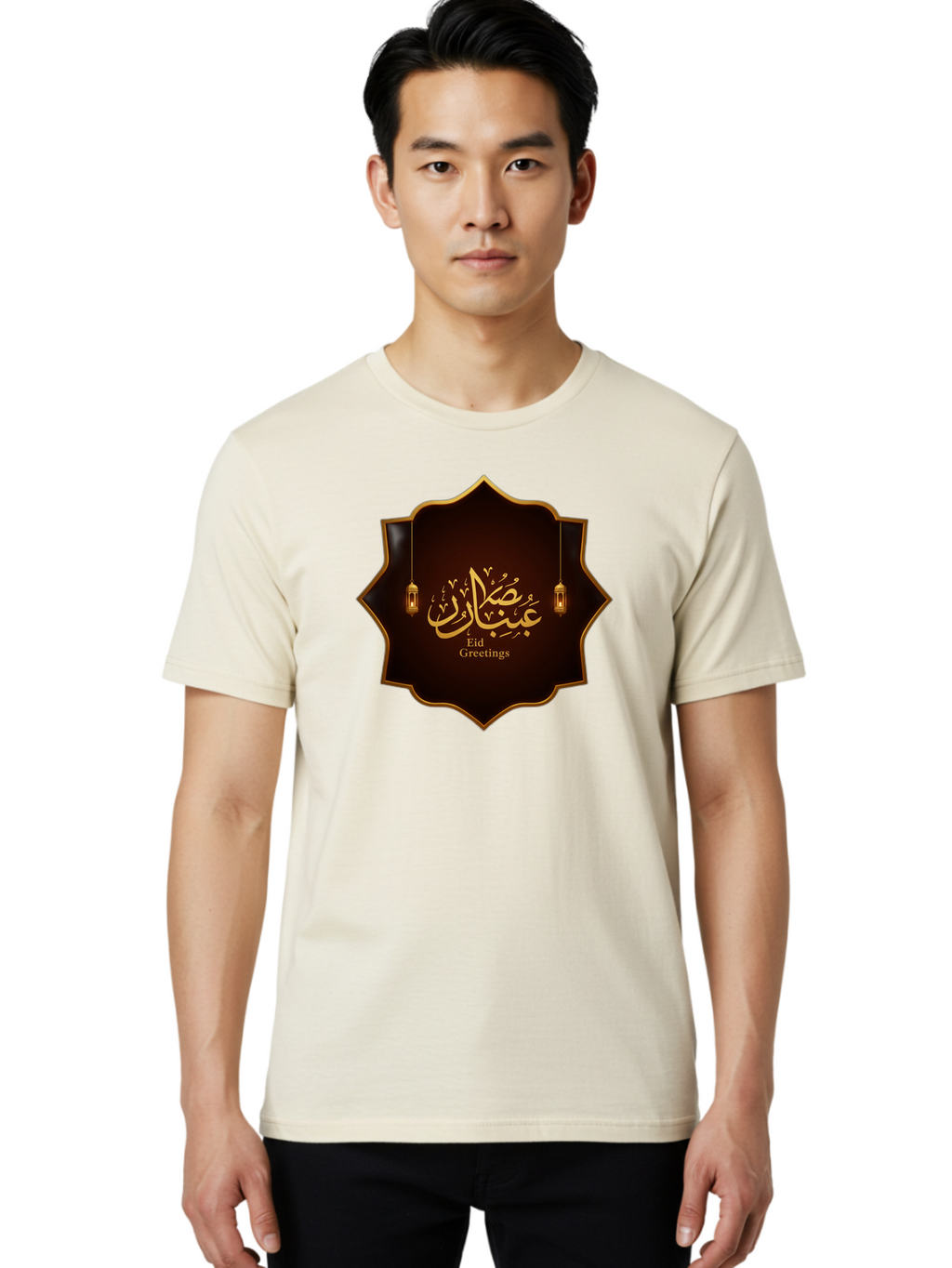 Eid-Greetings Men'S Graphic Tee, 100% Cotton, Comfortable Casual Summer Wear, Machine Washable, Eid Mubarak Greetings, Islamic Calligraphy, Golden Ornaments, Hanging Lanterns, Traditional Celebrations, Eid Wishes, Muslim Festival Bad064